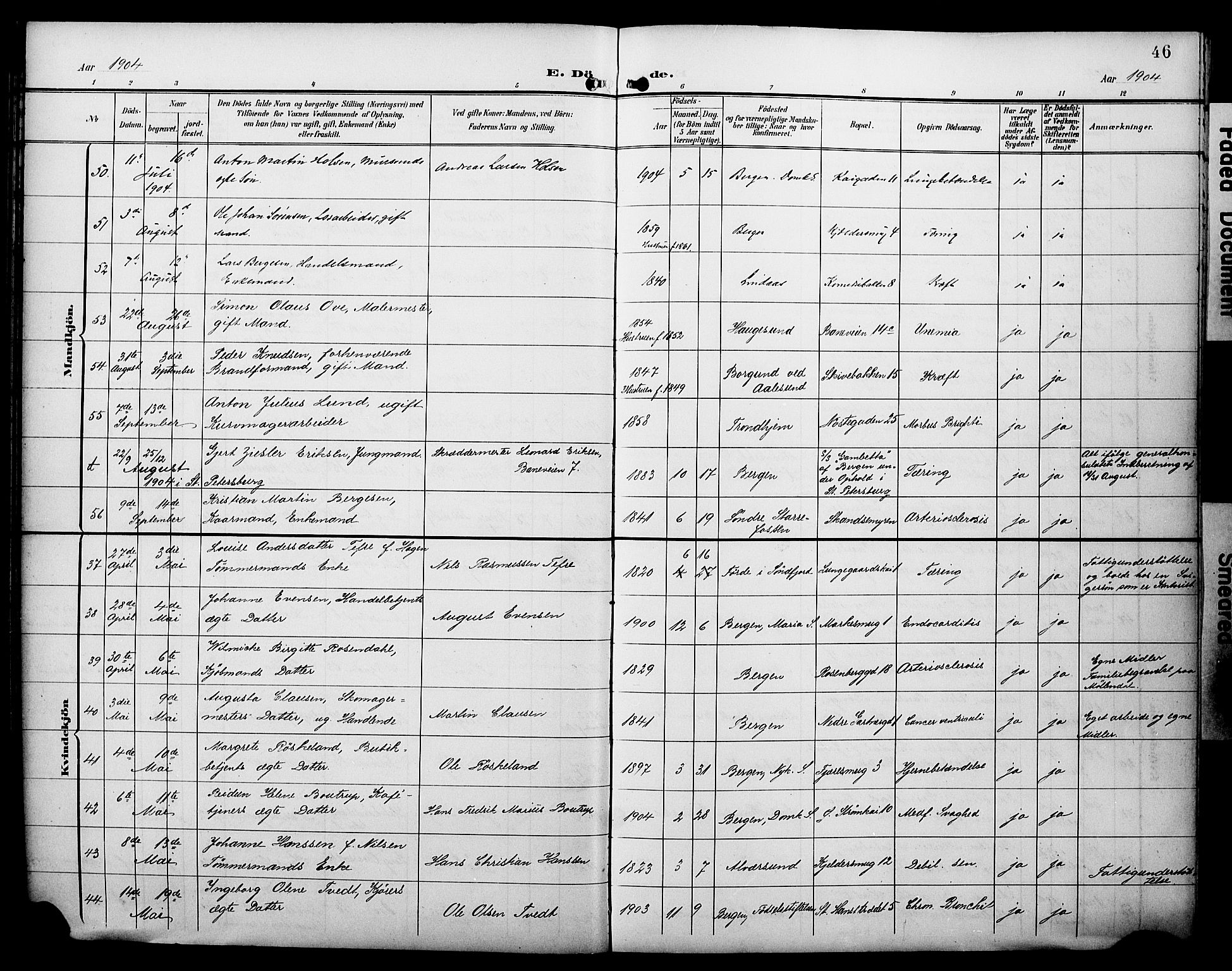 Domkirken sokneprestembete, AV/SAB-A-74801/H/Hab/L0042: Klokkerbok nr. E 6, 1900-1929, s. 46