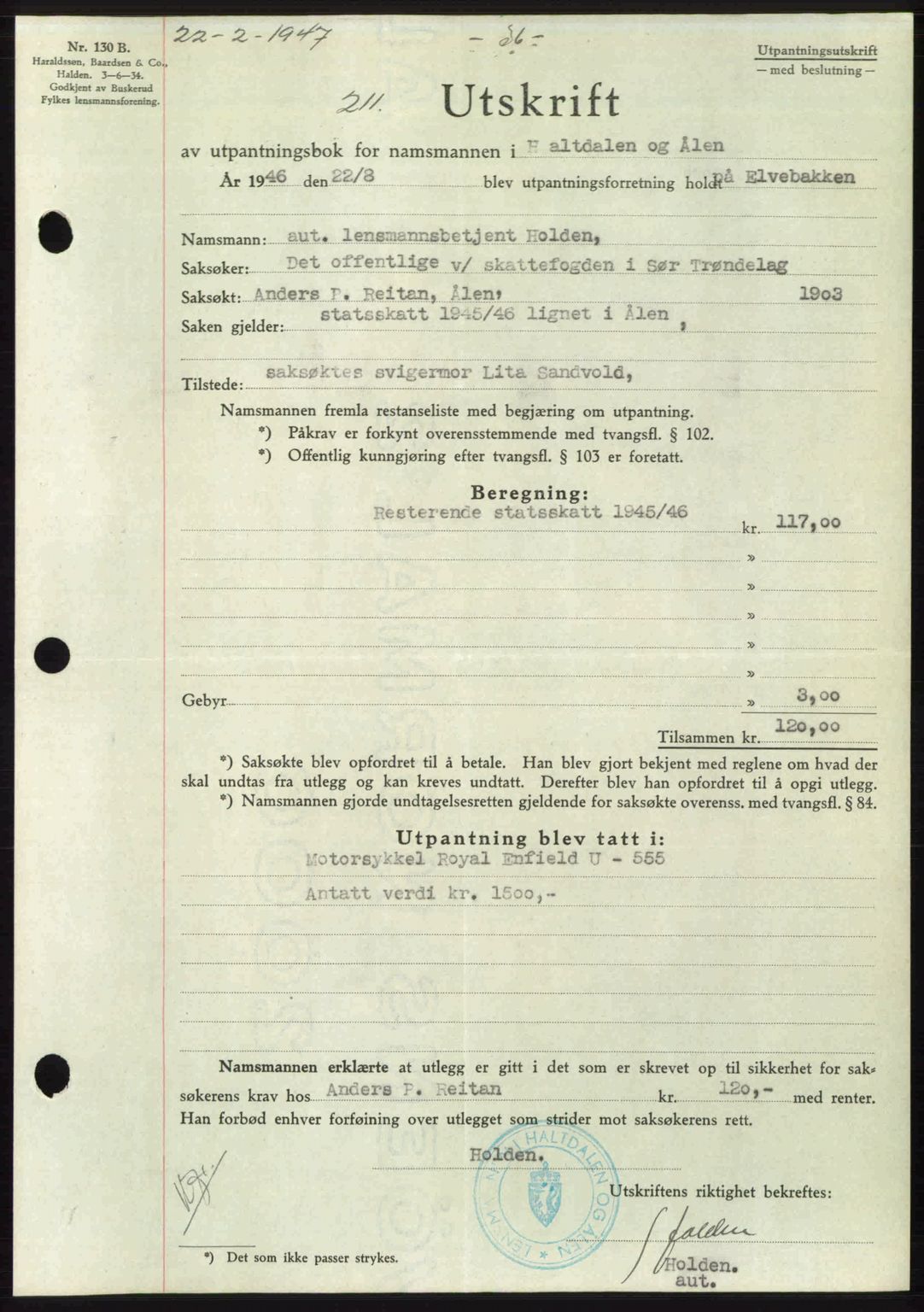 Gauldal sorenskriveri, SAT/A-0014/1/2/2C: Pantebok nr. A3, 1947-1947, Dagboknr: 211/1947
