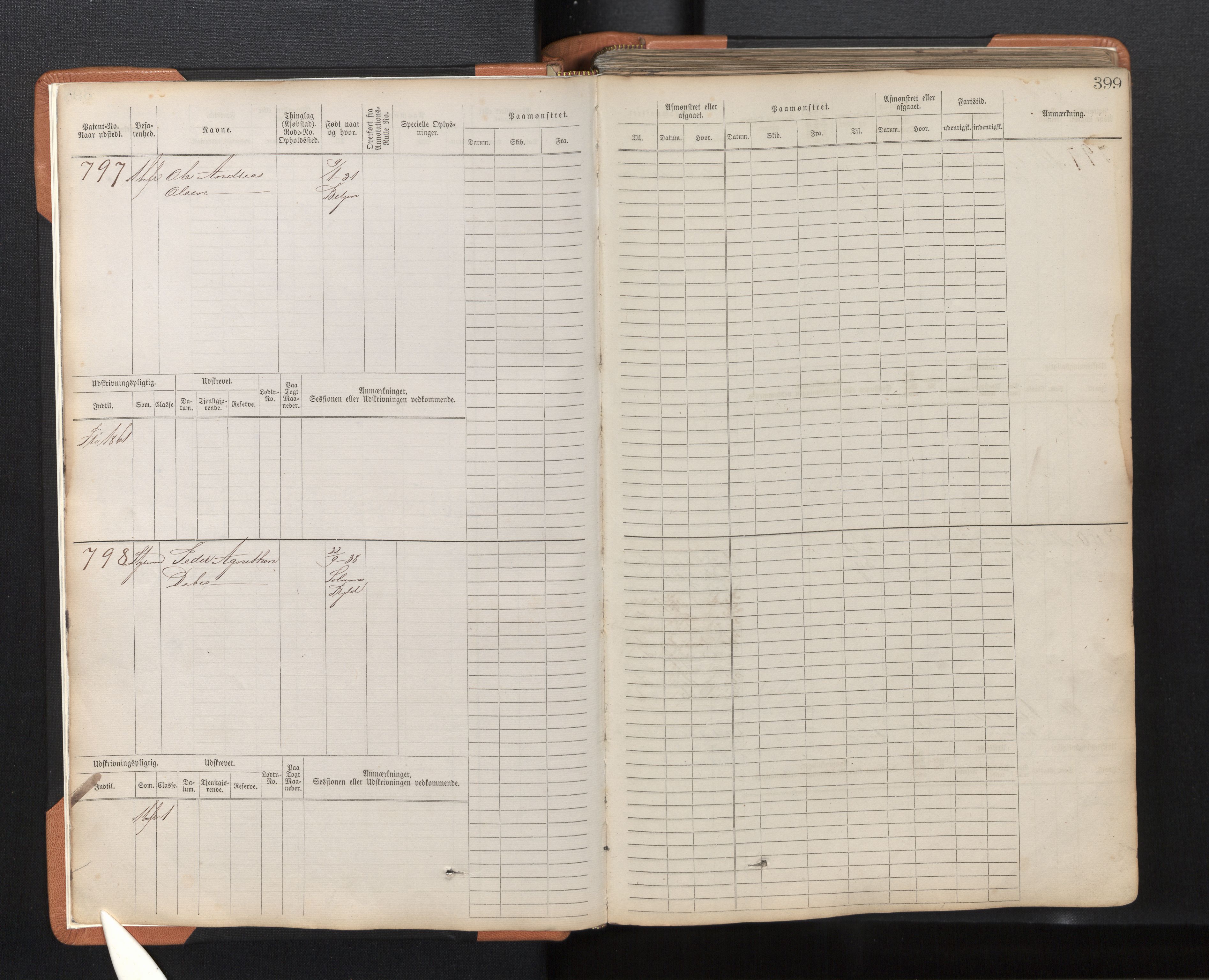 Innrulleringssjefen i Bergen, AV/SAB-A-100050/F/Fc/L0002: Sjøfartshovedrulle, nr. 795 - 1610, 1869-1871, s. 399