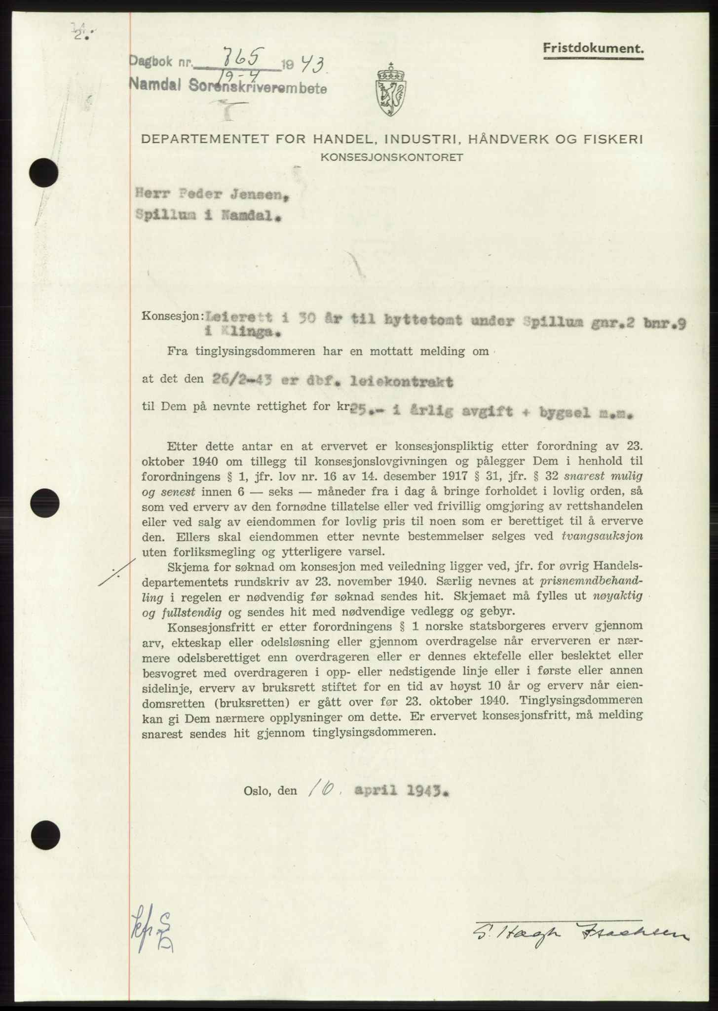 Namdal sorenskriveri, SAT/A-4133/1/2/2C: Pantebok nr. -, 1942-1943, Dagboknr: 765/1943