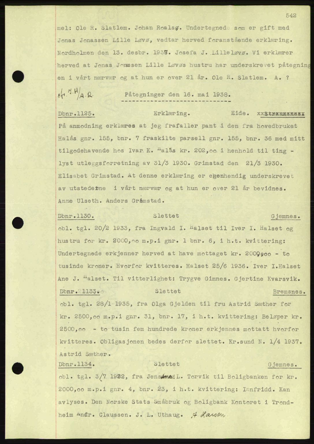 Nordmøre sorenskriveri, SAT/A-4132/1/2/2Ca: Pantebok nr. C80, 1936-1939, Dagboknr: 1125/1938