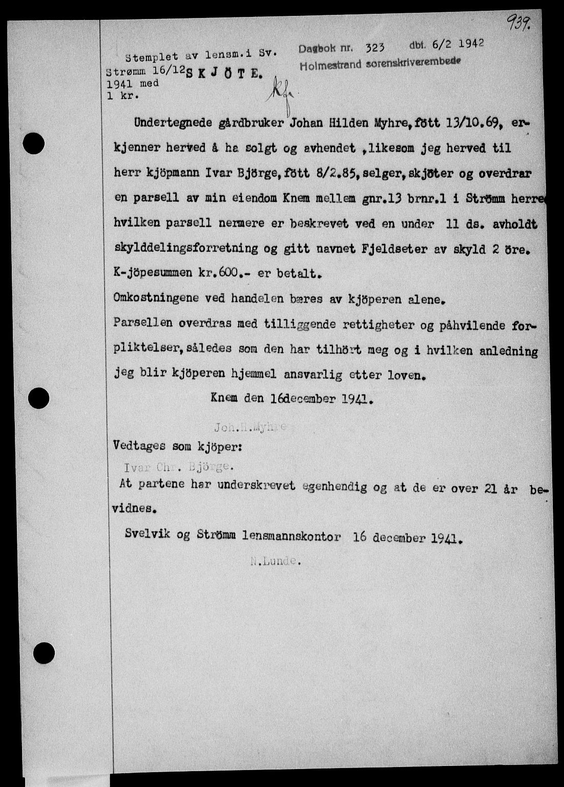 Holmestrand sorenskriveri, SAKO/A-67/G/Ga/Gaa/L0054: Pantebok nr. A-54, 1941-1942, Dagboknr: 323/1942