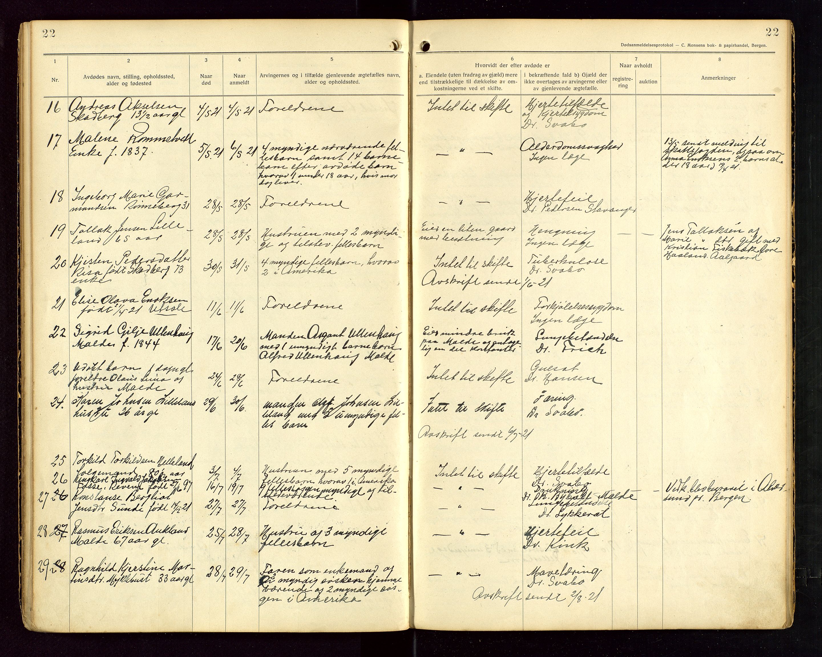 Håland lensmannskontor, AV/SAST-A-100100/Gga/L0002: "Dødsanmeldelser fra 6/9 1916 til 1926 i Haaland", 1916-1926, s. 22