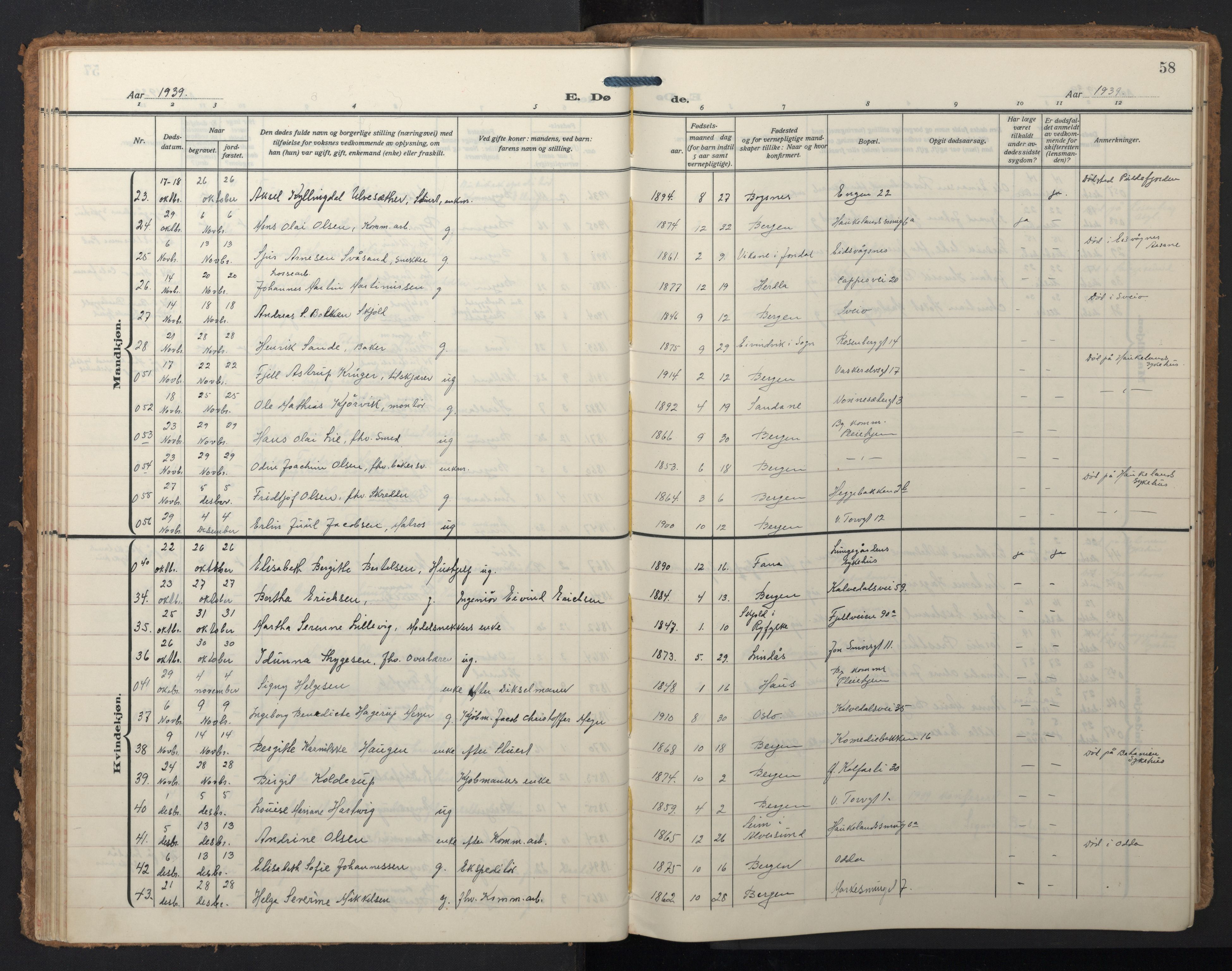 Domkirken sokneprestembete, SAB/A-74801/H/Hab/L0043: Klokkerbok nr. E 7, 1929-1965, s. 57b-58a