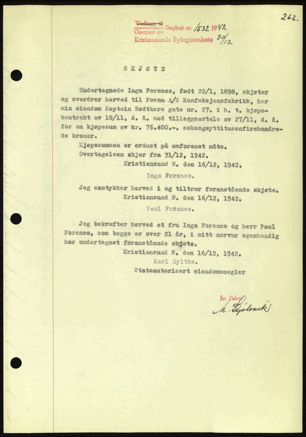 Kristiansund byfogd, AV/SAT-A-4587/A/27: Pantebok nr. 34, 1941-1945, Dagboknr: 1532/1942