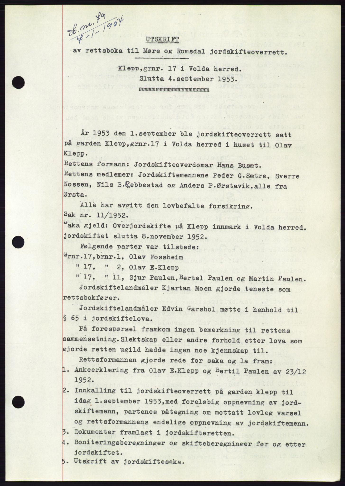 Søre Sunnmøre sorenskriveri, SAT/A-4122/1/2/2C/L0096: Pantebok nr. 22A, 1953-1954, Dagboknr: 79/1954