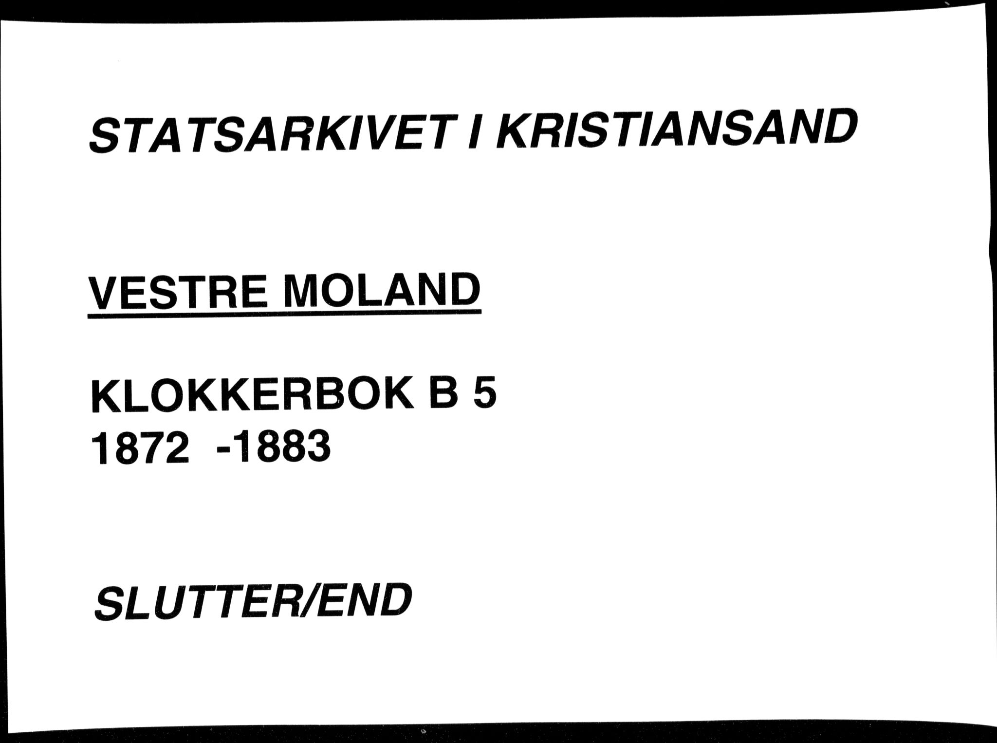 Vestre Moland sokneprestkontor, AV/SAK-1111-0046/F/Fb/Fbb/L0005: Klokkerbok nr. B 5, 1872-1883