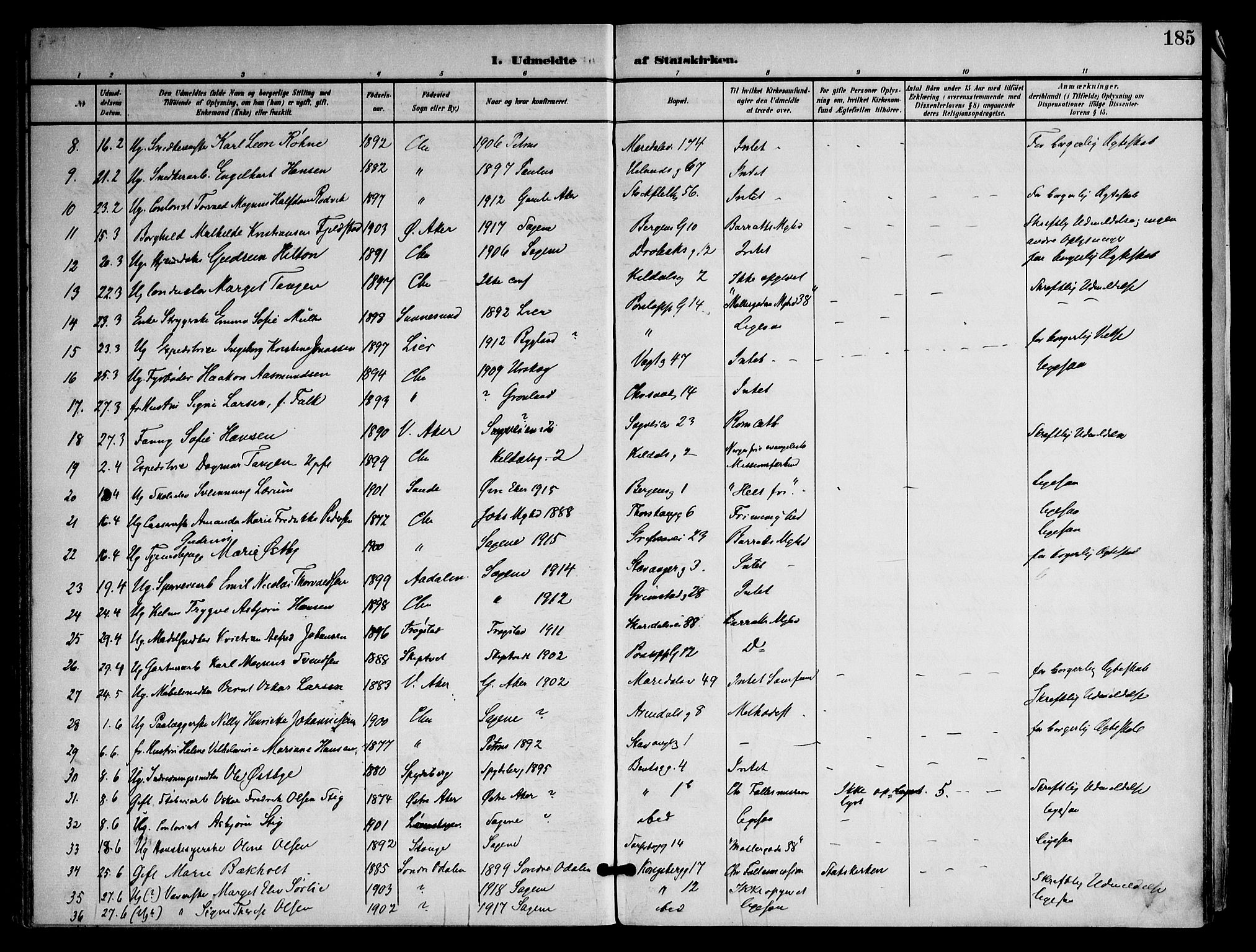 Sagene prestekontor Kirkebøker, AV/SAO-A-10796/F/L0006: Ministerialbok nr. 6, 1898-1923, s. 185