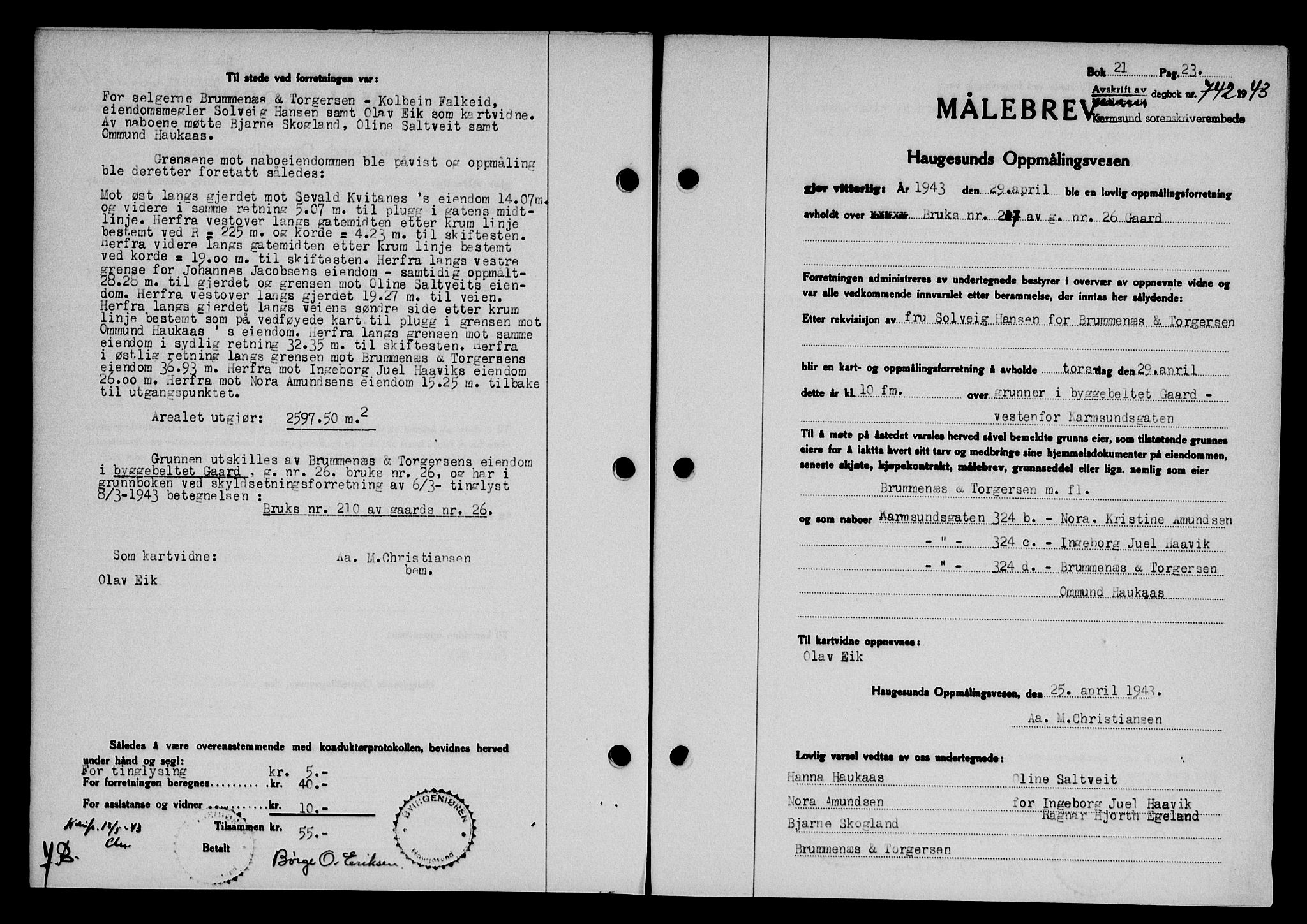 Karmsund sorenskriveri, SAST/A-100311/01/II/IIB/L0079: Pantebok nr. 60A, 1942-1943, Dagboknr: 742/1943