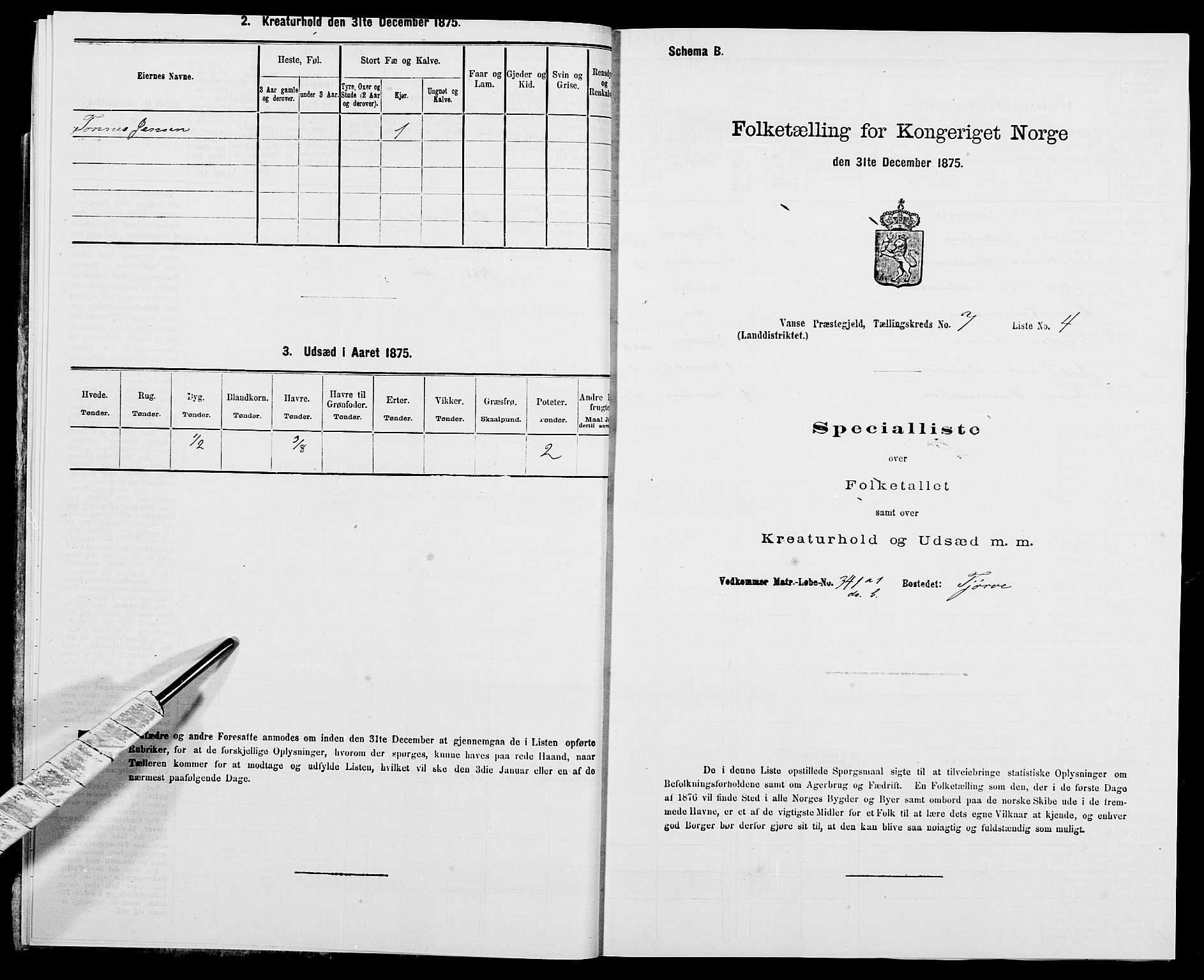 SAK, Folketelling 1875 for 1041L Vanse prestegjeld, Vanse sokn og Farsund landsokn, 1875, s. 1181