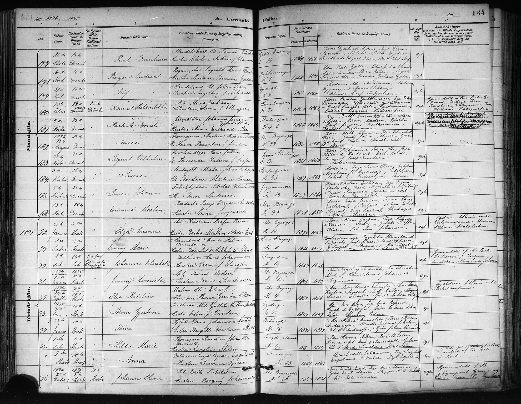 Sandviken Sokneprestembete, AV/SAB-A-77601/H/Hb/L0002: Klokkerbok nr. A 3, 1888-1902, s. 134