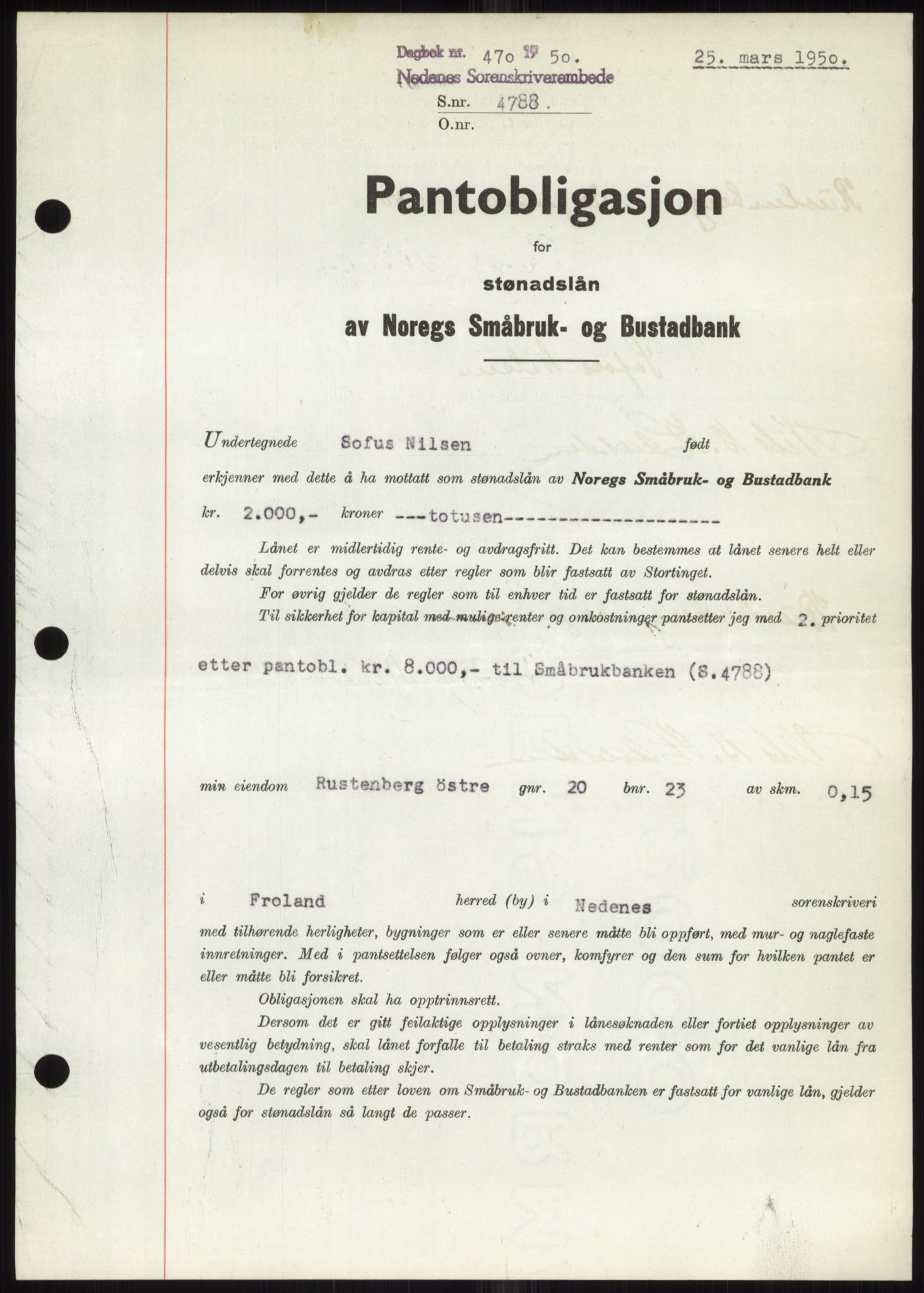 Nedenes sorenskriveri, AV/SAK-1221-0006/G/Gb/Gbb/L0007: Pantebok nr. B7, 1949-1950, Dagboknr: 470/1950