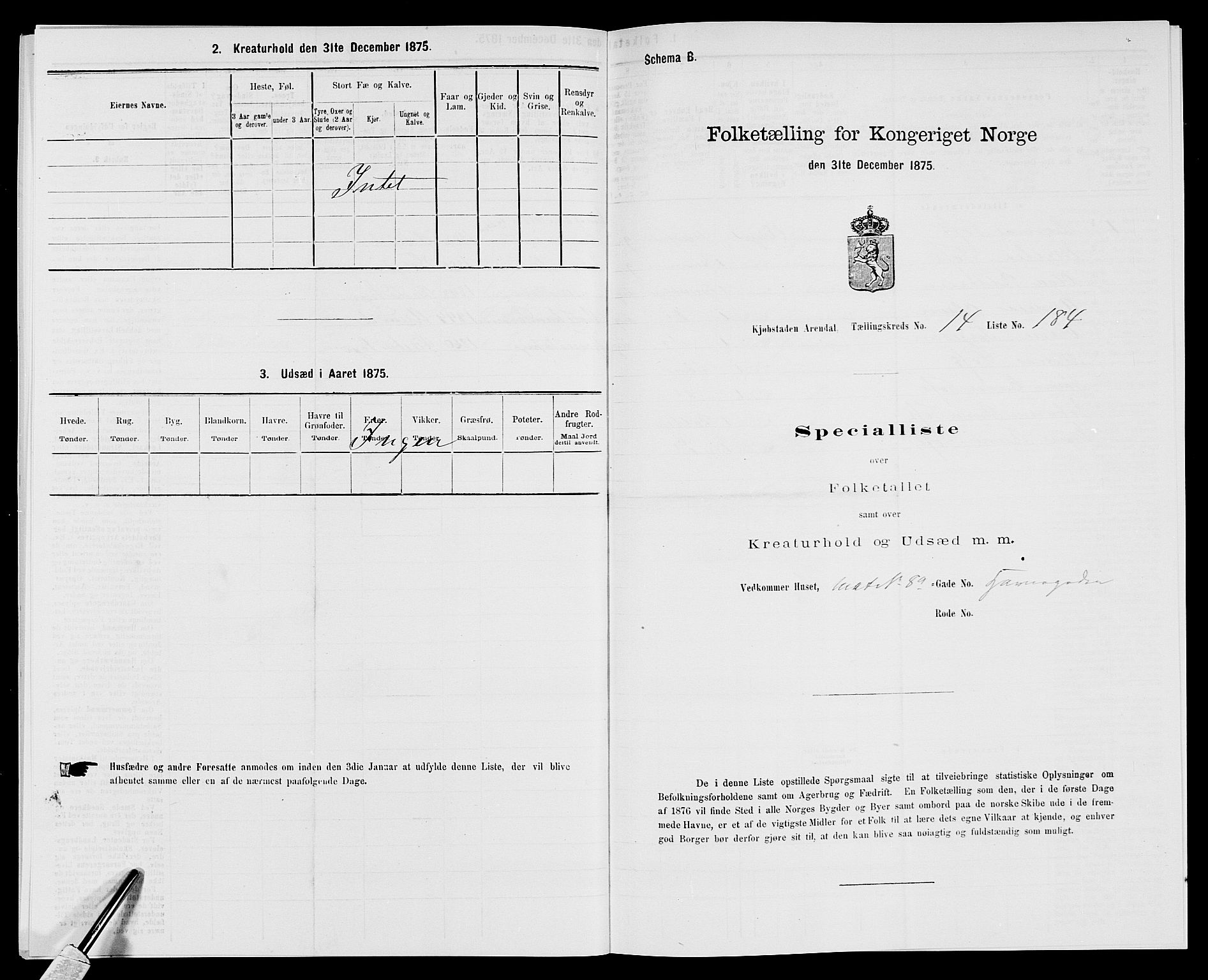 SAK, Folketelling 1875 for 0903P Arendal prestegjeld, 1875, s. 434