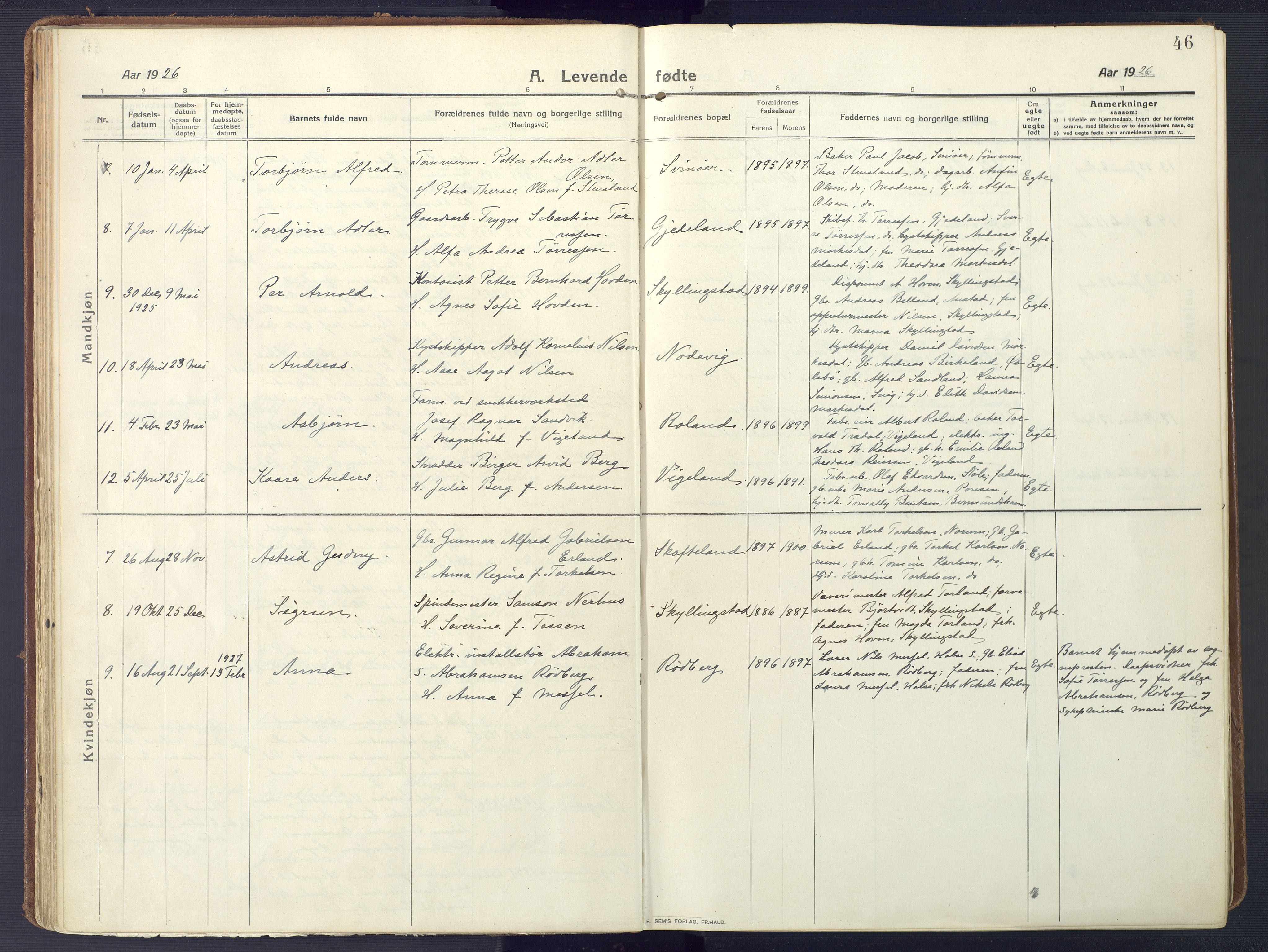 Sør-Audnedal sokneprestkontor, AV/SAK-1111-0039/F/Fa/Fab/L0011: Ministerialbok nr. A 11, 1912-1938, s. 46