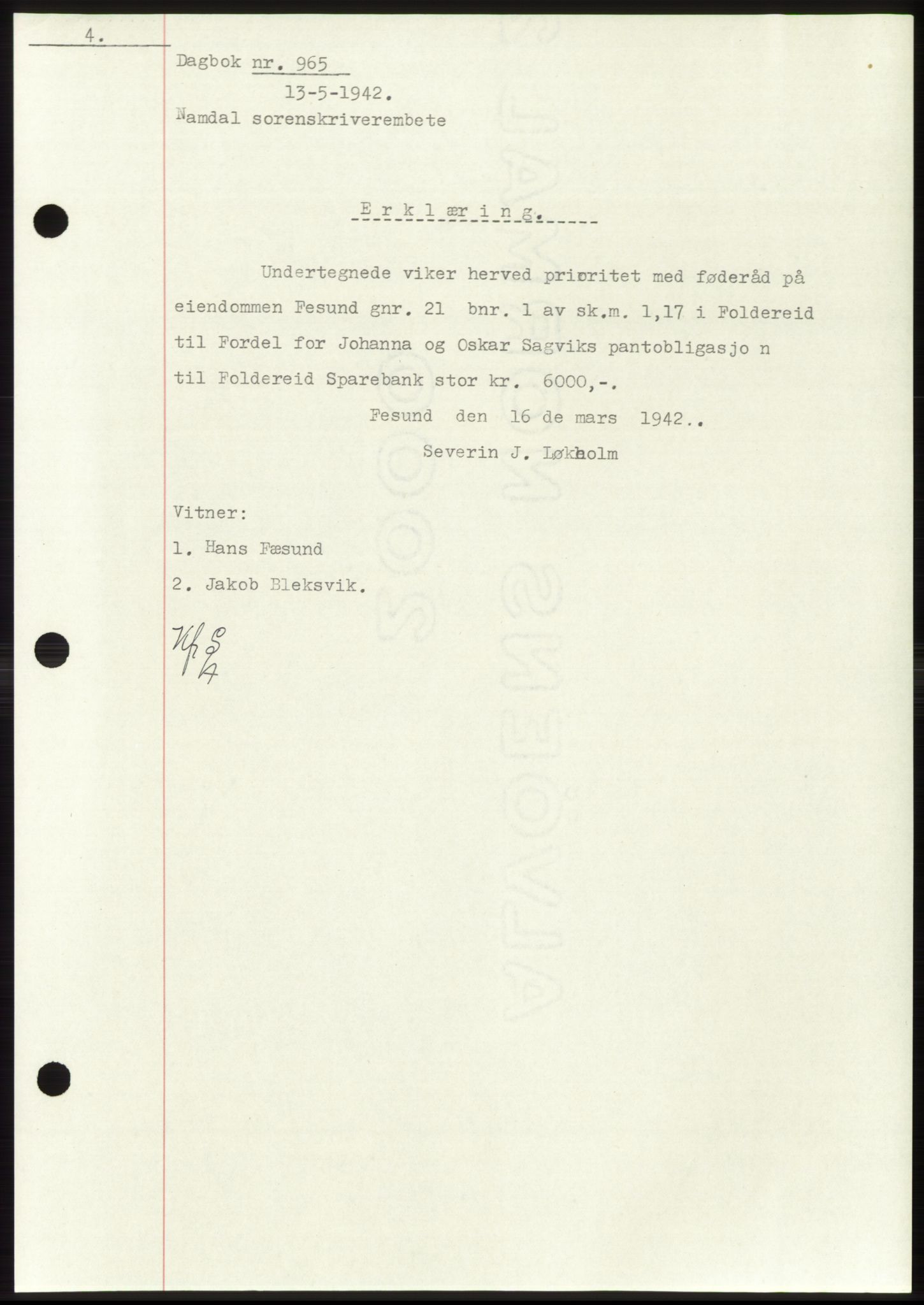 Namdal sorenskriveri, SAT/A-4133/1/2/2C: Pantebok nr. -, 1941-1942, Dagboknr: 965/1942