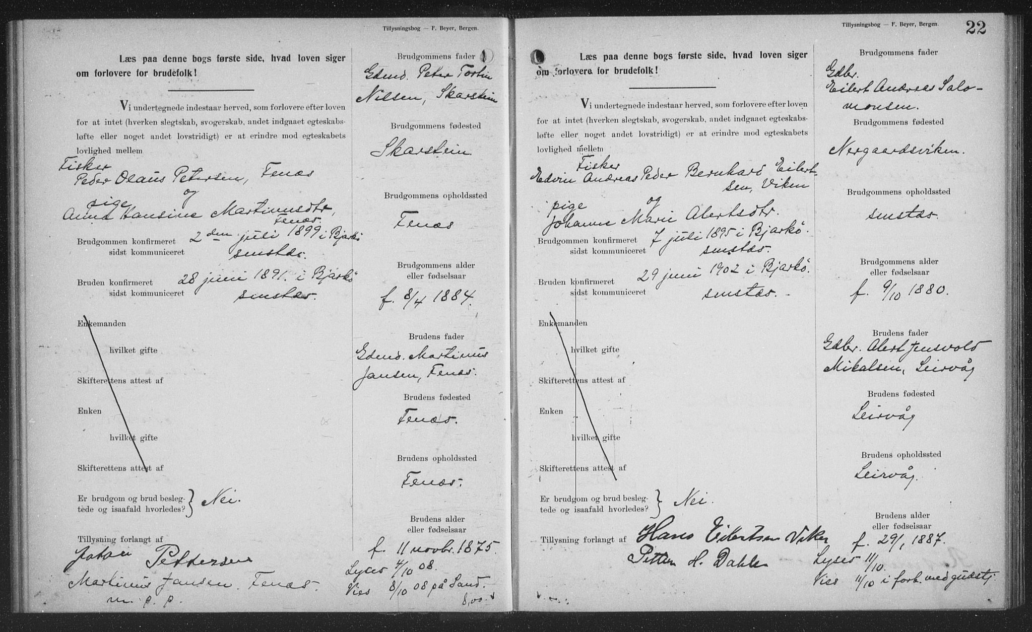 Sand/Bjarkøy sokneprestkontor, SATØ/S-0811/J/Jb/L0024: Lysningsprotokoll nr. 24, 1905-1917, s. 22