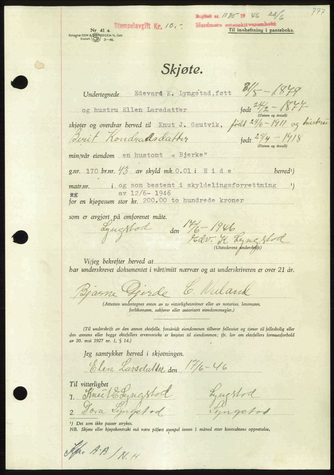 Nordmøre sorenskriveri, AV/SAT-A-4132/1/2/2Ca: Pantebok nr. A101, 1946-1946, Dagboknr: 1135/1946