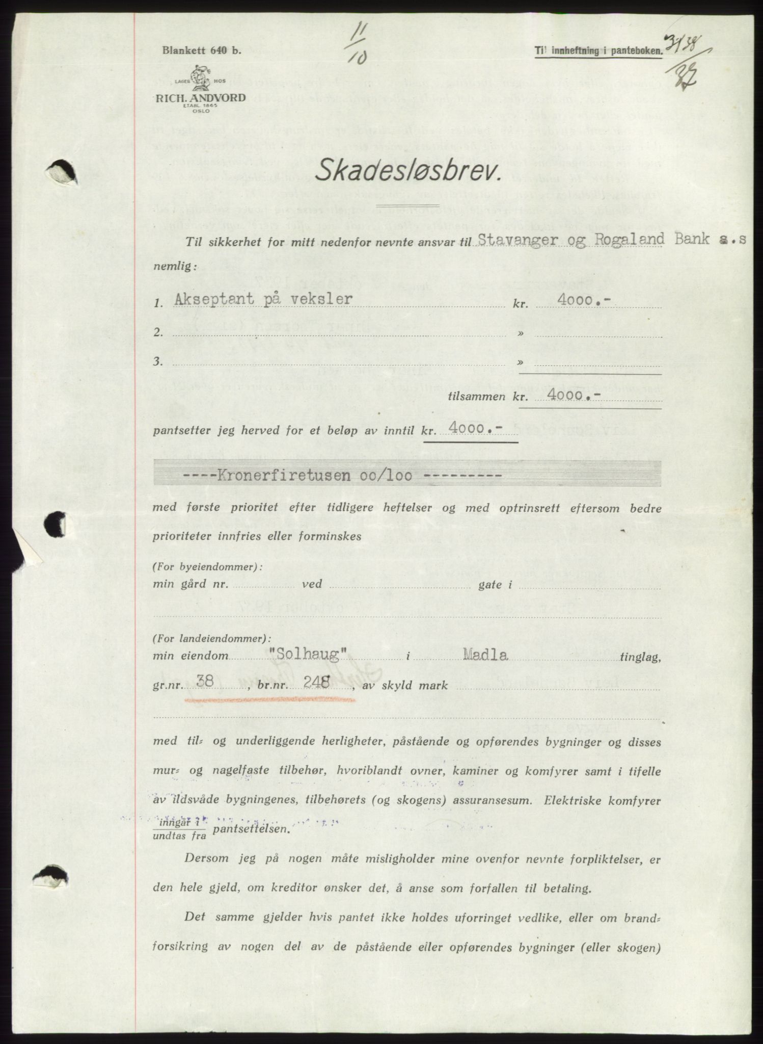 Jæren sorenskriveri, SAST/A-100310/03/G/Gba/L0069: Pantebok, 1937-1937, Dagboknr: 3138/1937