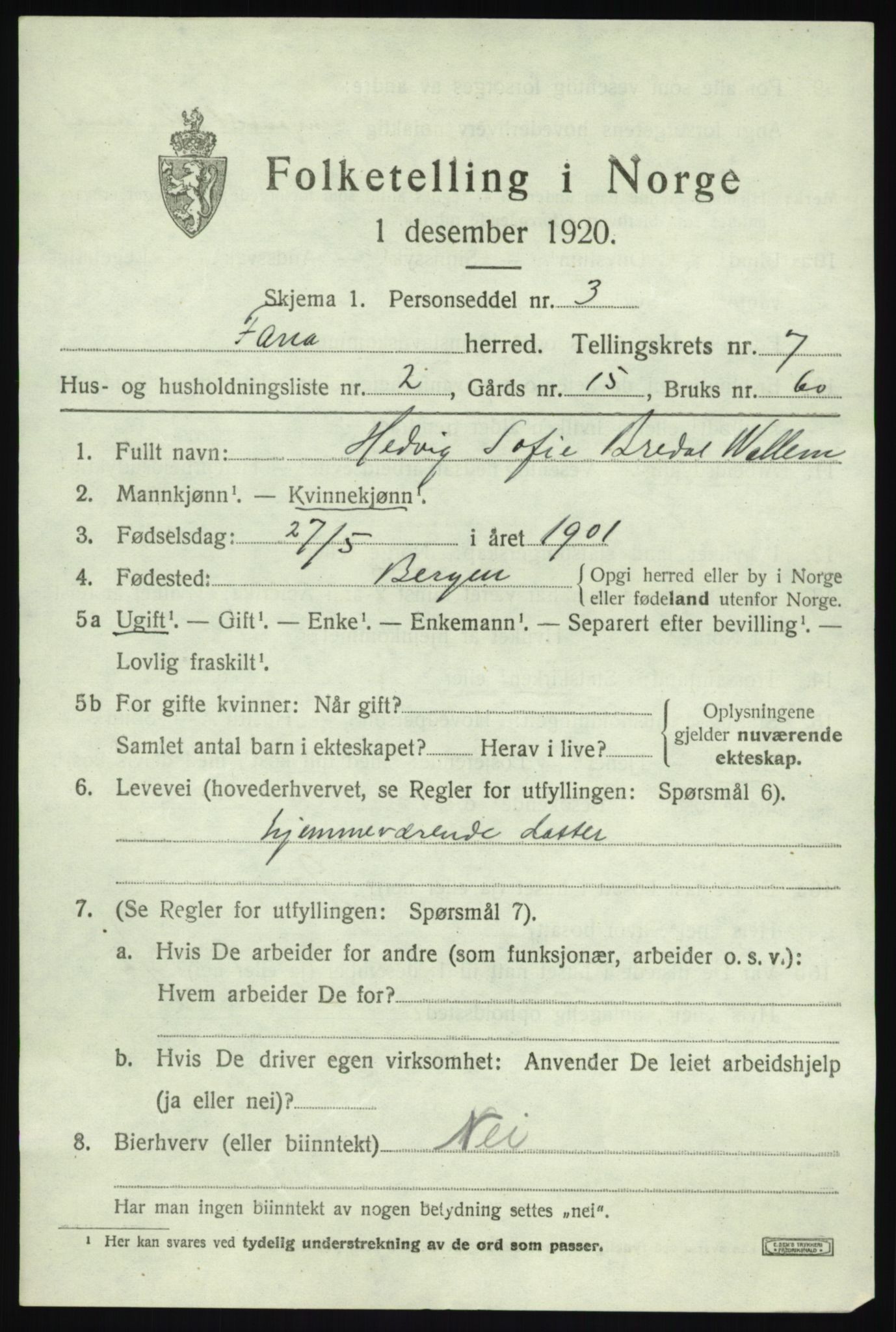 SAB, Folketelling 1920 for 1249 Fana herred, 1920, s. 12609