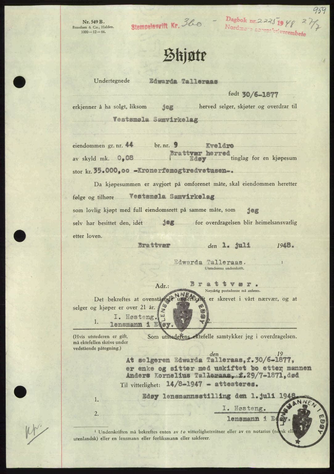 Nordmøre sorenskriveri, SAT/A-4132/1/2/2Ca: Pantebok nr. A108, 1948-1948, Dagboknr: 2225/1948