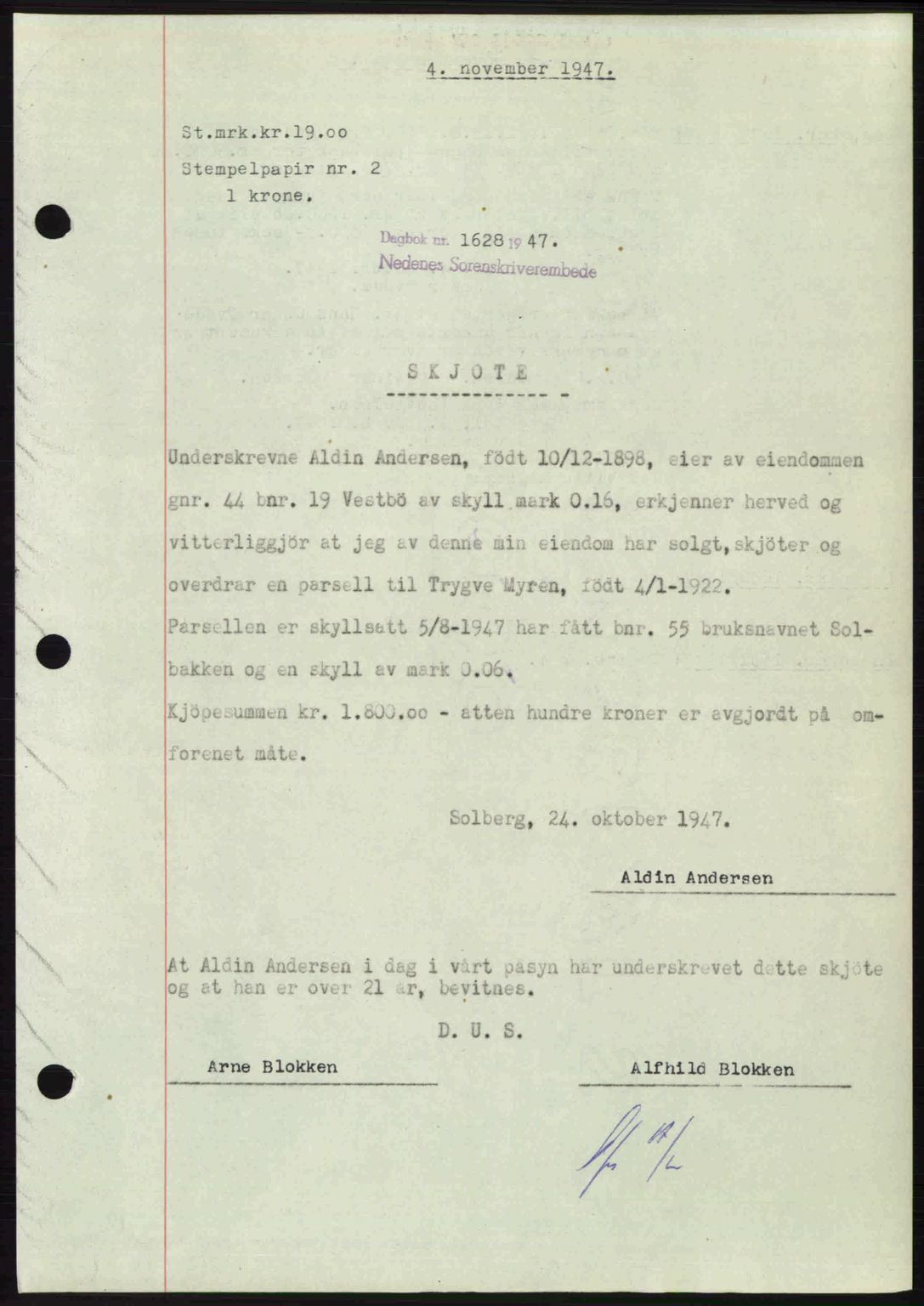 Nedenes sorenskriveri, AV/SAK-1221-0006/G/Gb/Gba/L0058: Pantebok nr. A10, 1947-1948, Dagboknr: 1628/1947