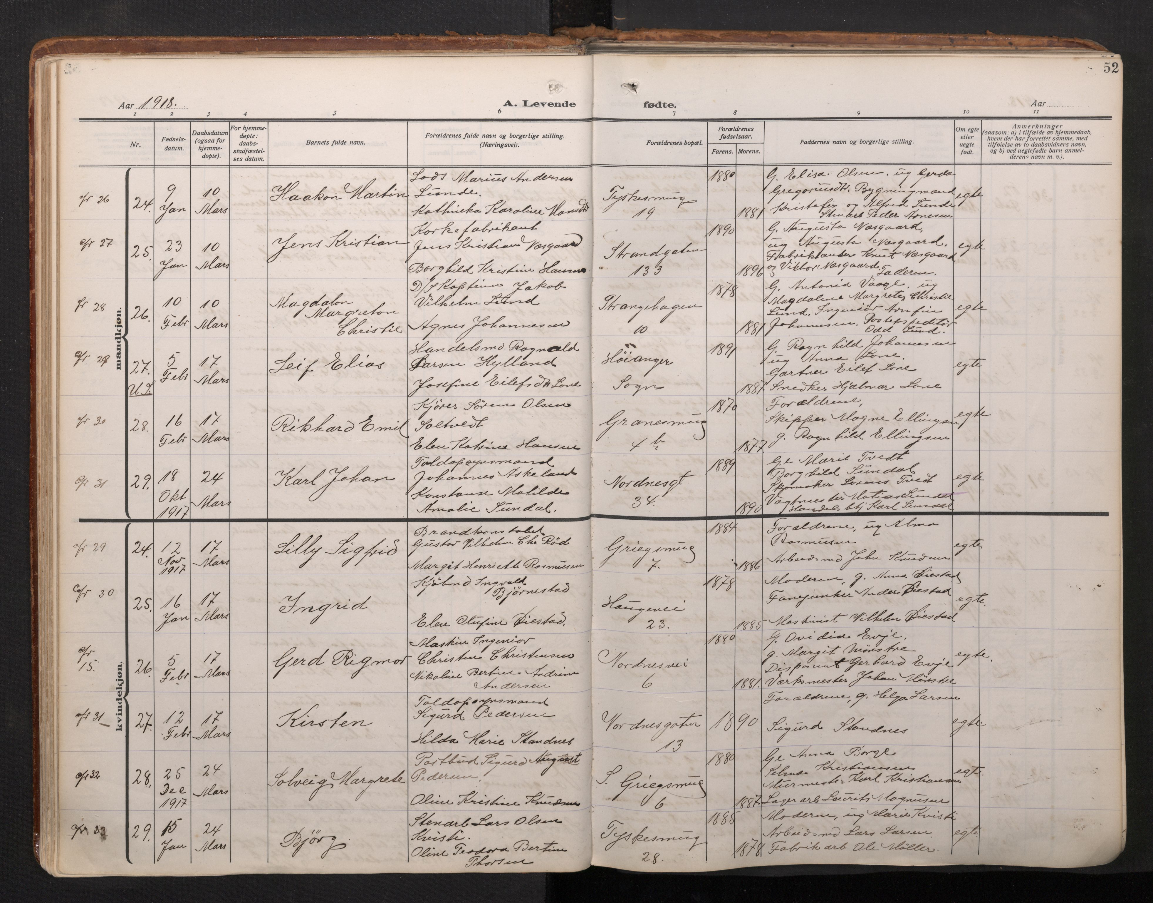 Nykirken Sokneprestembete, AV/SAB-A-77101/H/Haa/L0020: Ministerialbok nr. B 8, 1916-1933, s. 51b-52a