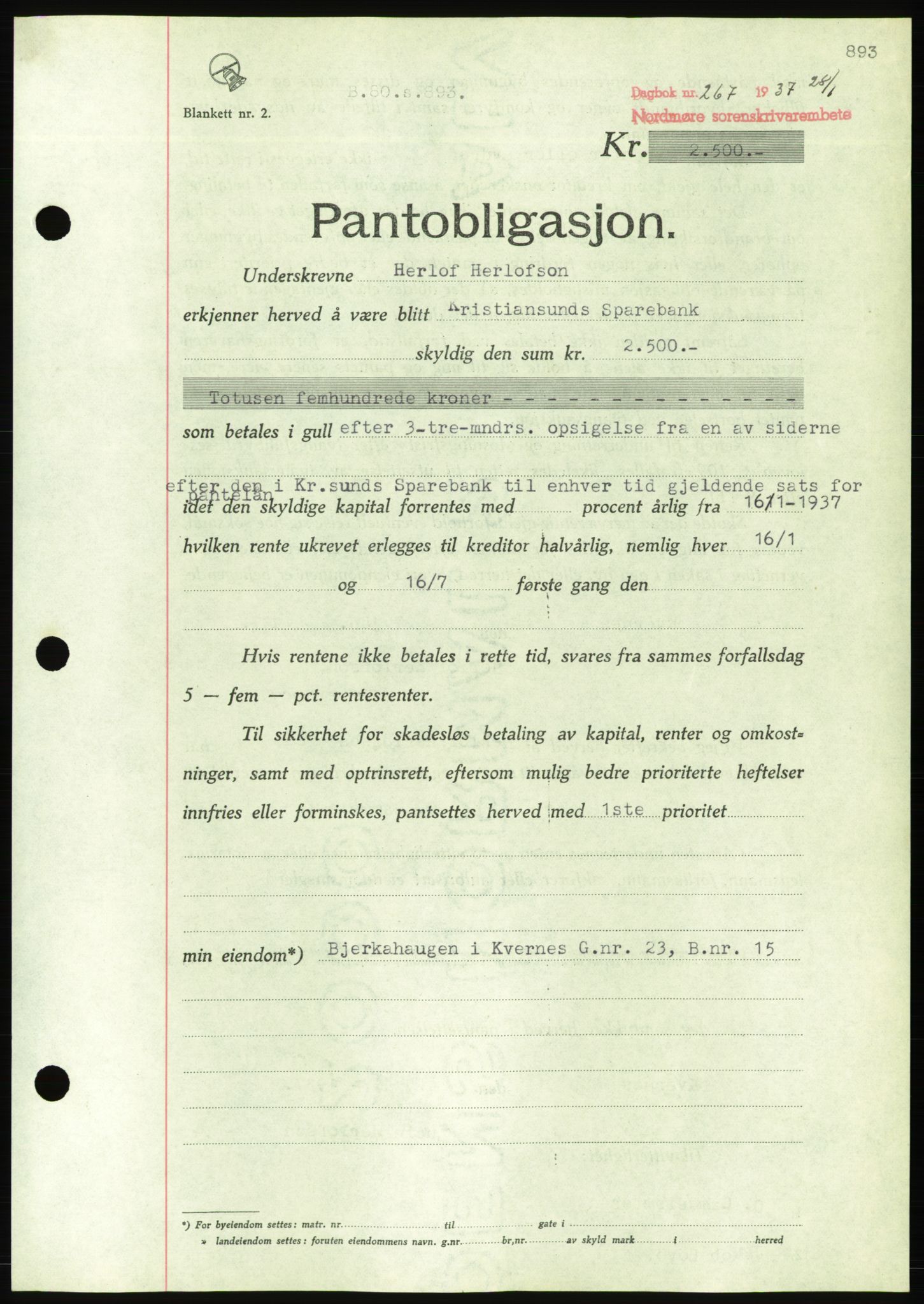 Nordmøre sorenskriveri, AV/SAT-A-4132/1/2/2Ca/L0090: Pantebok nr. B80, 1936-1937, Dagboknr: 267/1937