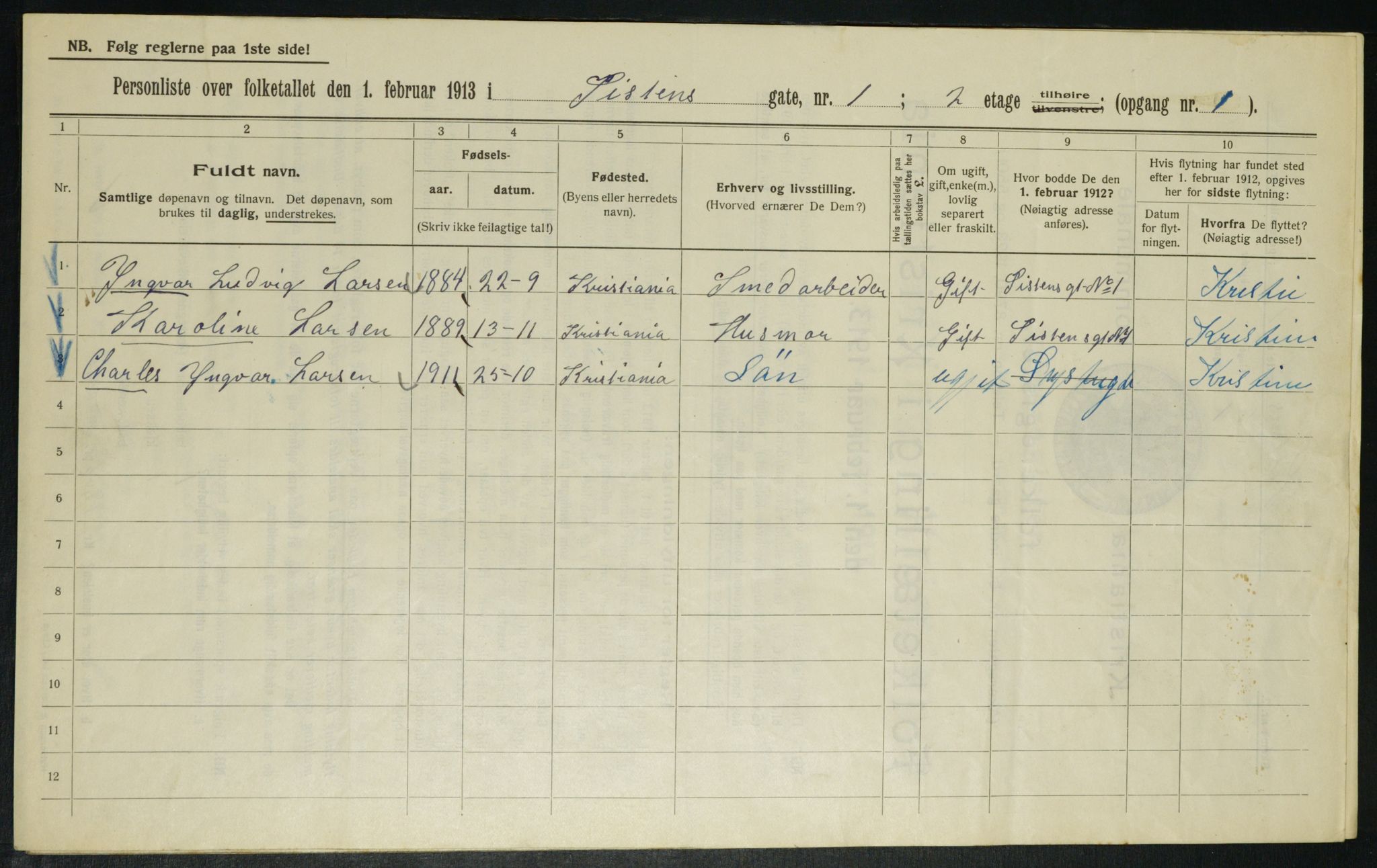 OBA, Kommunal folketelling 1.2.1913 for Kristiania, 1913, s. 130186