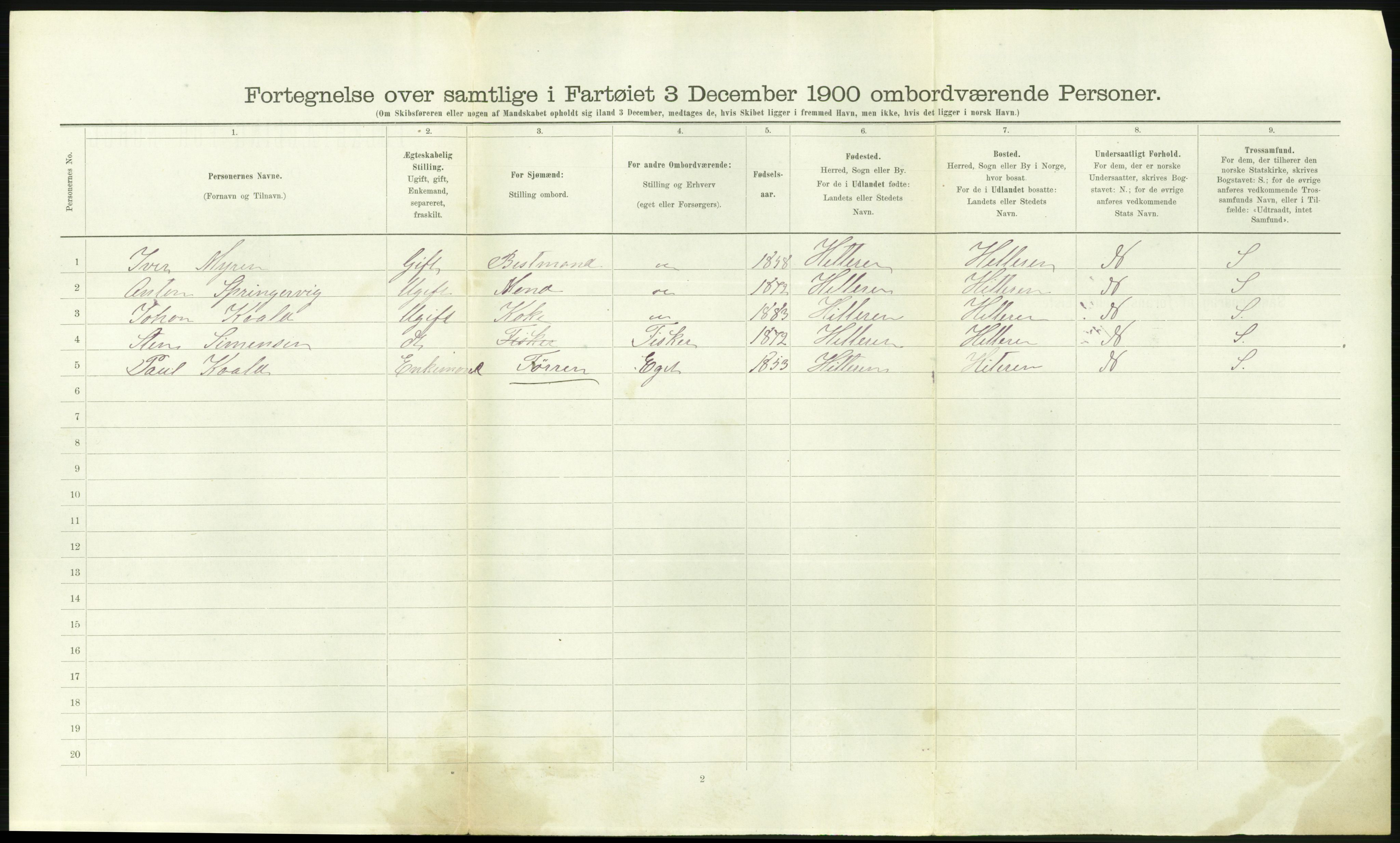 RA, Folketelling 1900 - skipslister med personlister for skip i norske havner, utenlandske havner og til havs, 1900, s. 1596