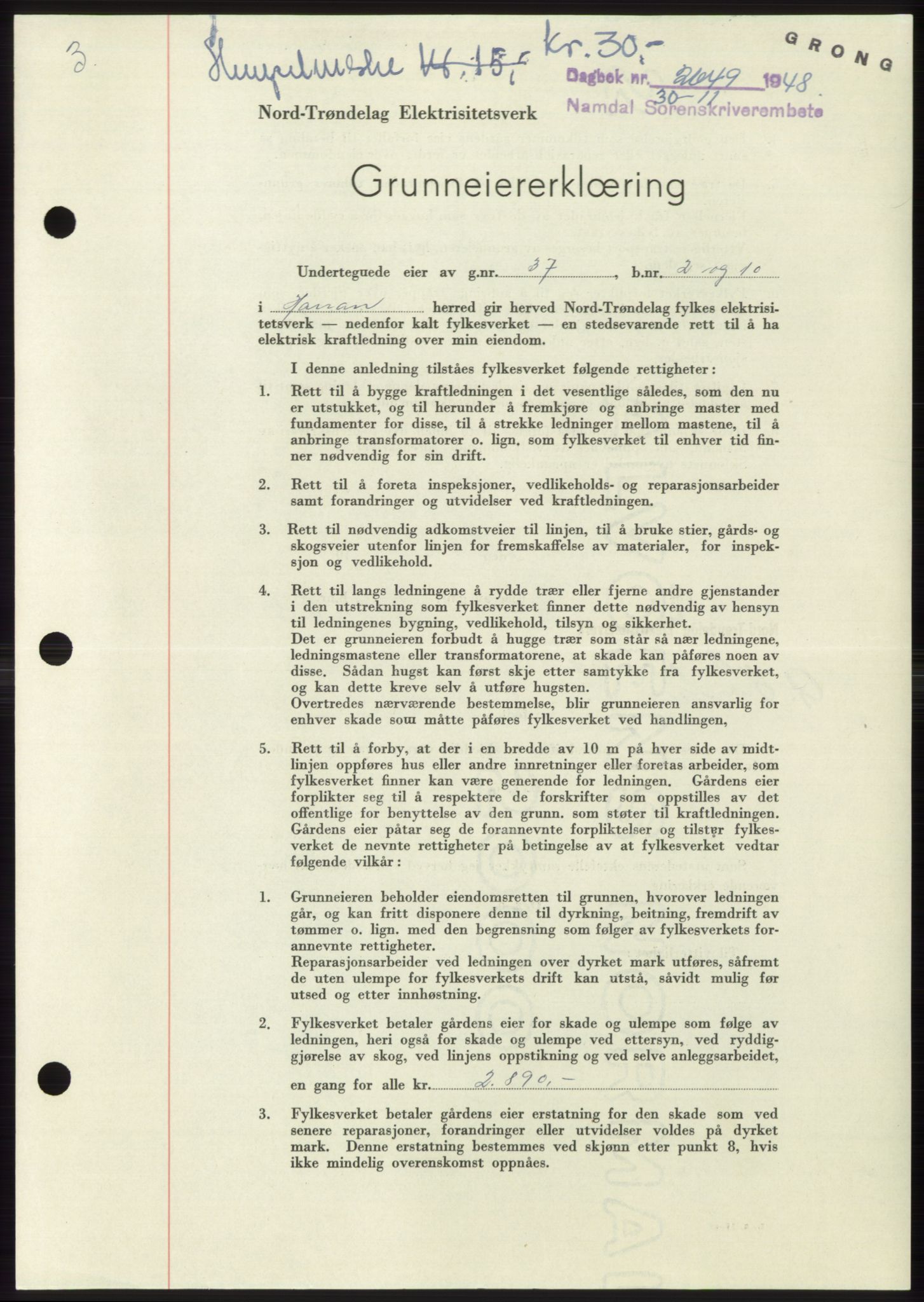 Namdal sorenskriveri, SAT/A-4133/1/2/2C: Pantebok nr. -, 1948-1948, Dagboknr: 2649/1948