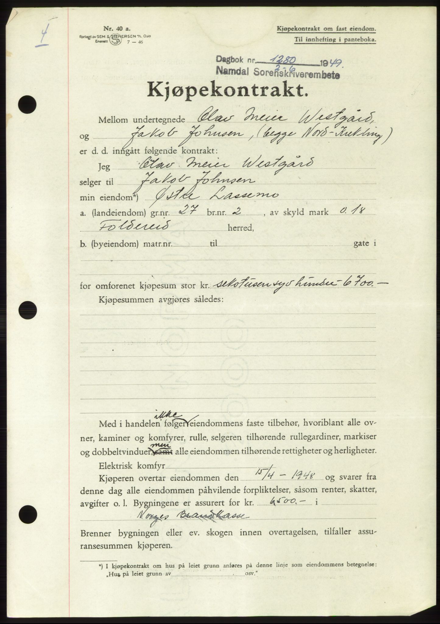 Namdal sorenskriveri, SAT/A-4133/1/2/2C: Pantebok nr. -, 1949-1949, Dagboknr: 1280/1949