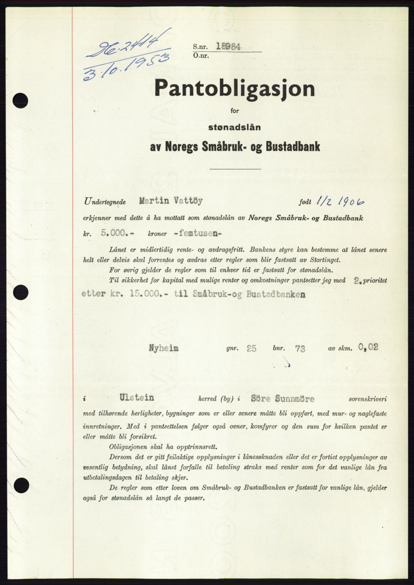 Søre Sunnmøre sorenskriveri, SAT/A-4122/1/2/2C/L0124: Pantebok nr. 12B, 1953-1954, Dagboknr: 2414/1953