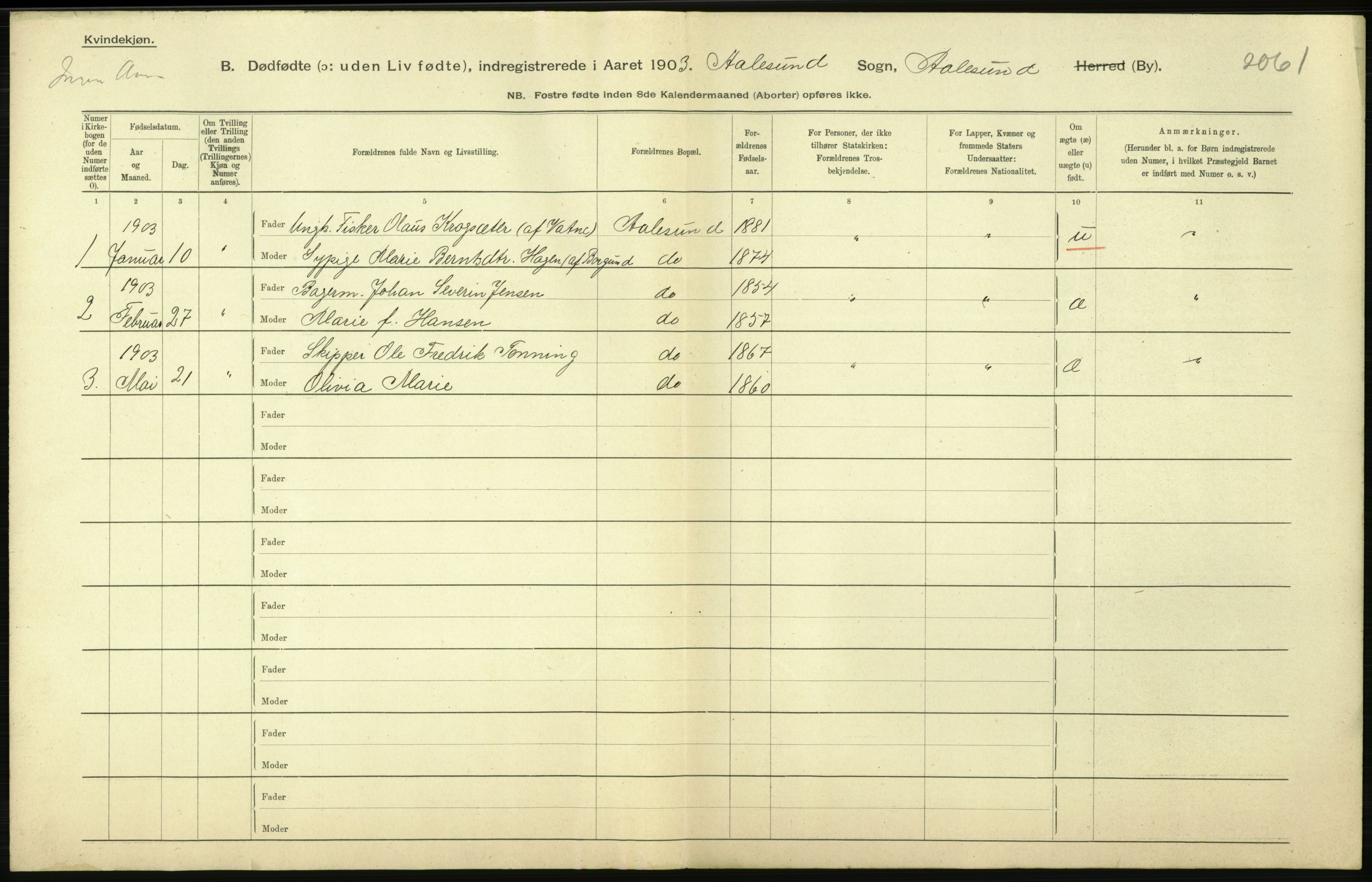 Statistisk sentralbyrå, Sosiodemografiske emner, Befolkning, AV/RA-S-2228/D/Df/Dfa/Dfaa/L0026: Smålenenes - Finnmarkens amt: Dødfødte. Byer., 1903, s. 154