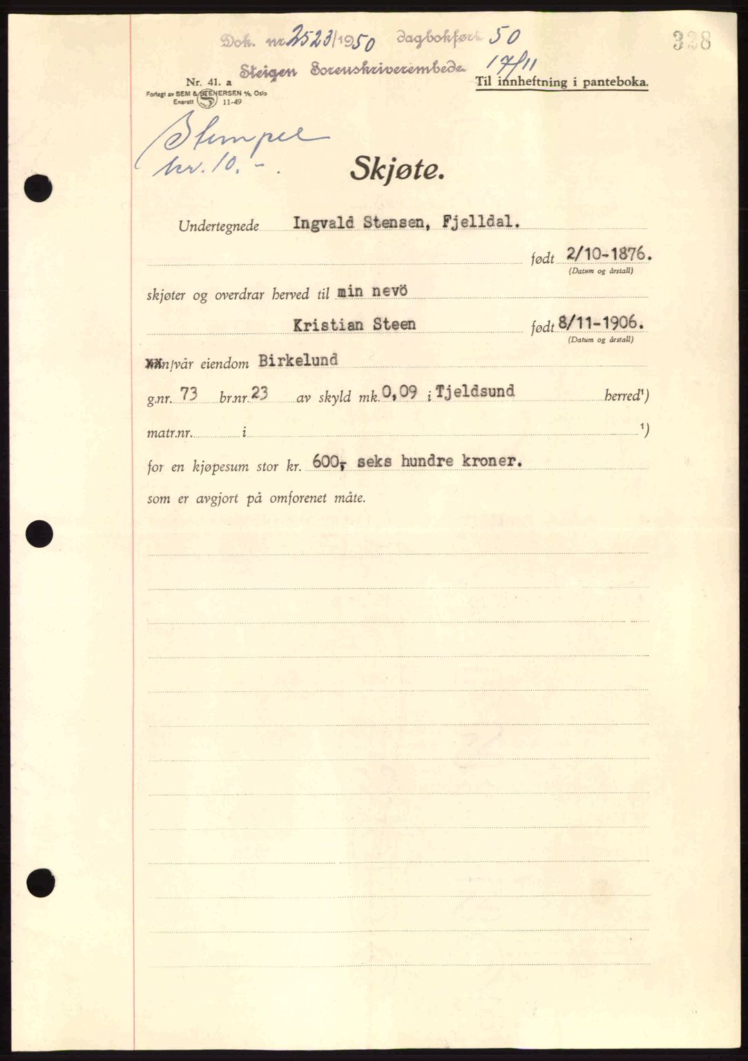 Steigen og Ofoten sorenskriveri, SAT/A-0030/1/2/2C: Pantebok nr. A21, 1950-1950, Dagboknr: 2523/1950