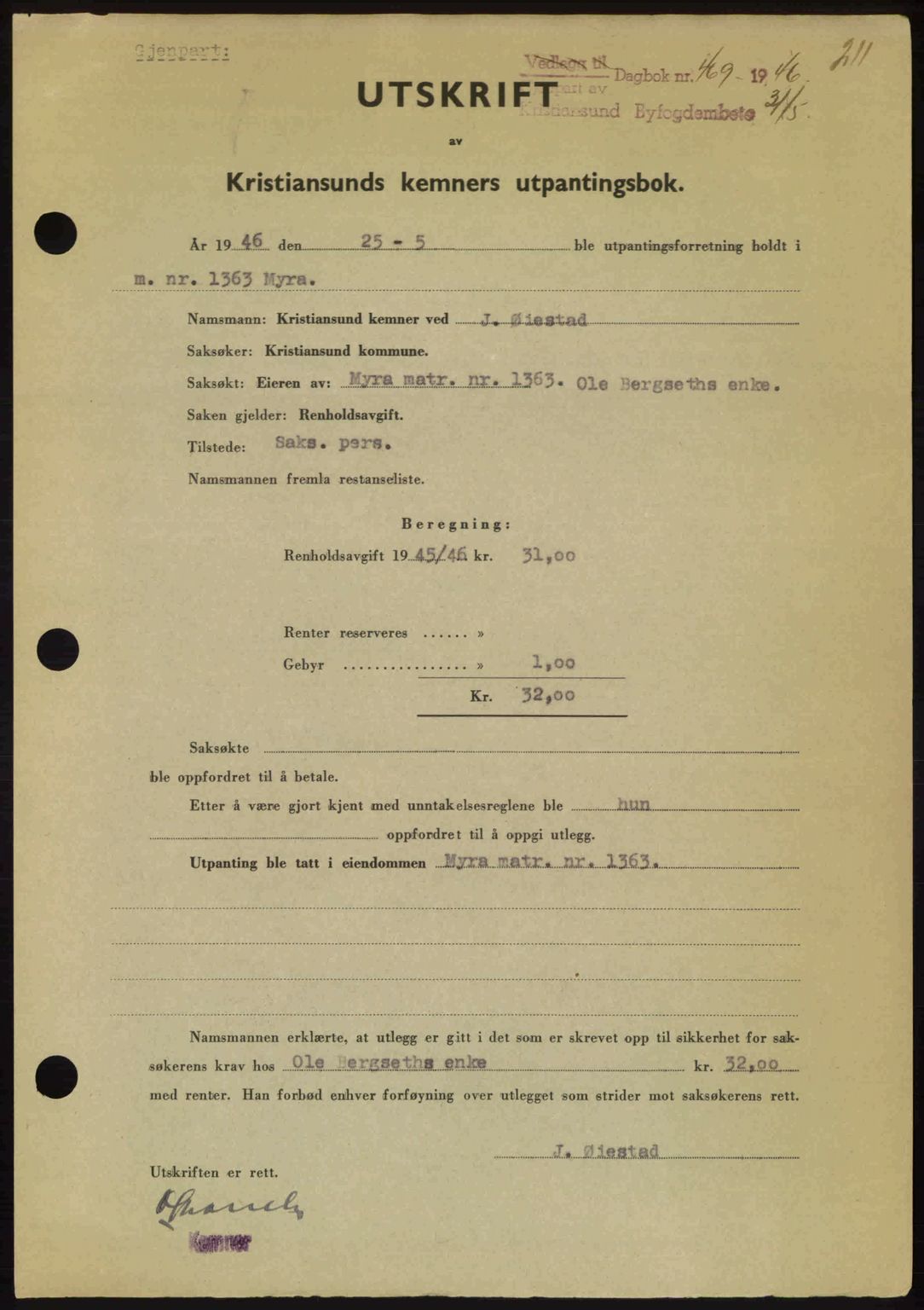 Kristiansund byfogd, SAT/A-4587/A/27: Pantebok nr. 40, 1946-1946, Dagboknr: 469/1946
