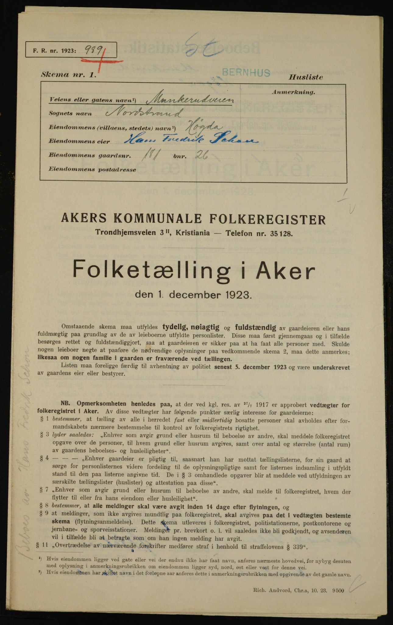 , Kommunal folketelling 1.12.1923 for Aker, 1923, s. 42441