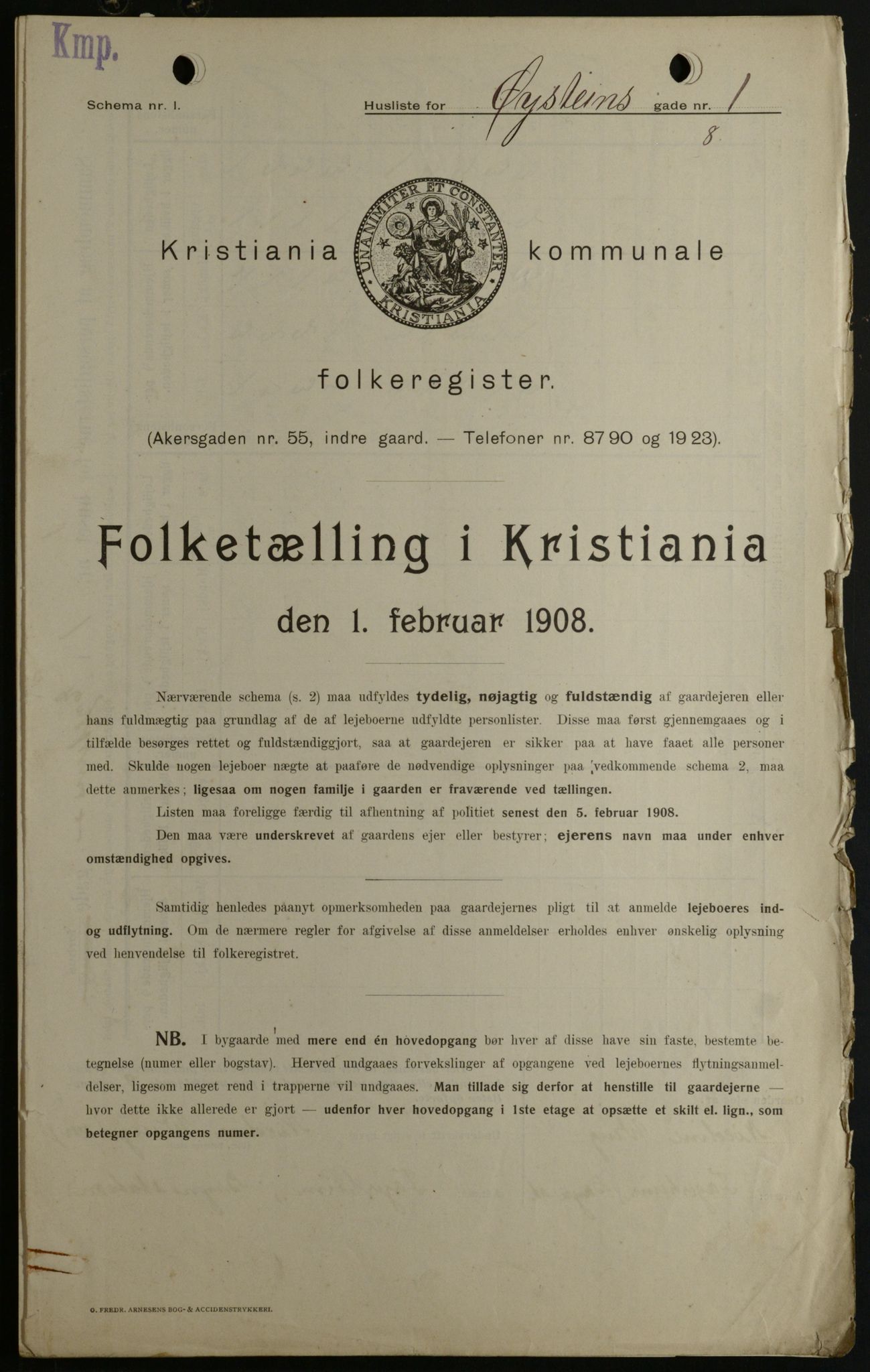 OBA, Kommunal folketelling 1.2.1908 for Kristiania kjøpstad, 1908, s. 116971