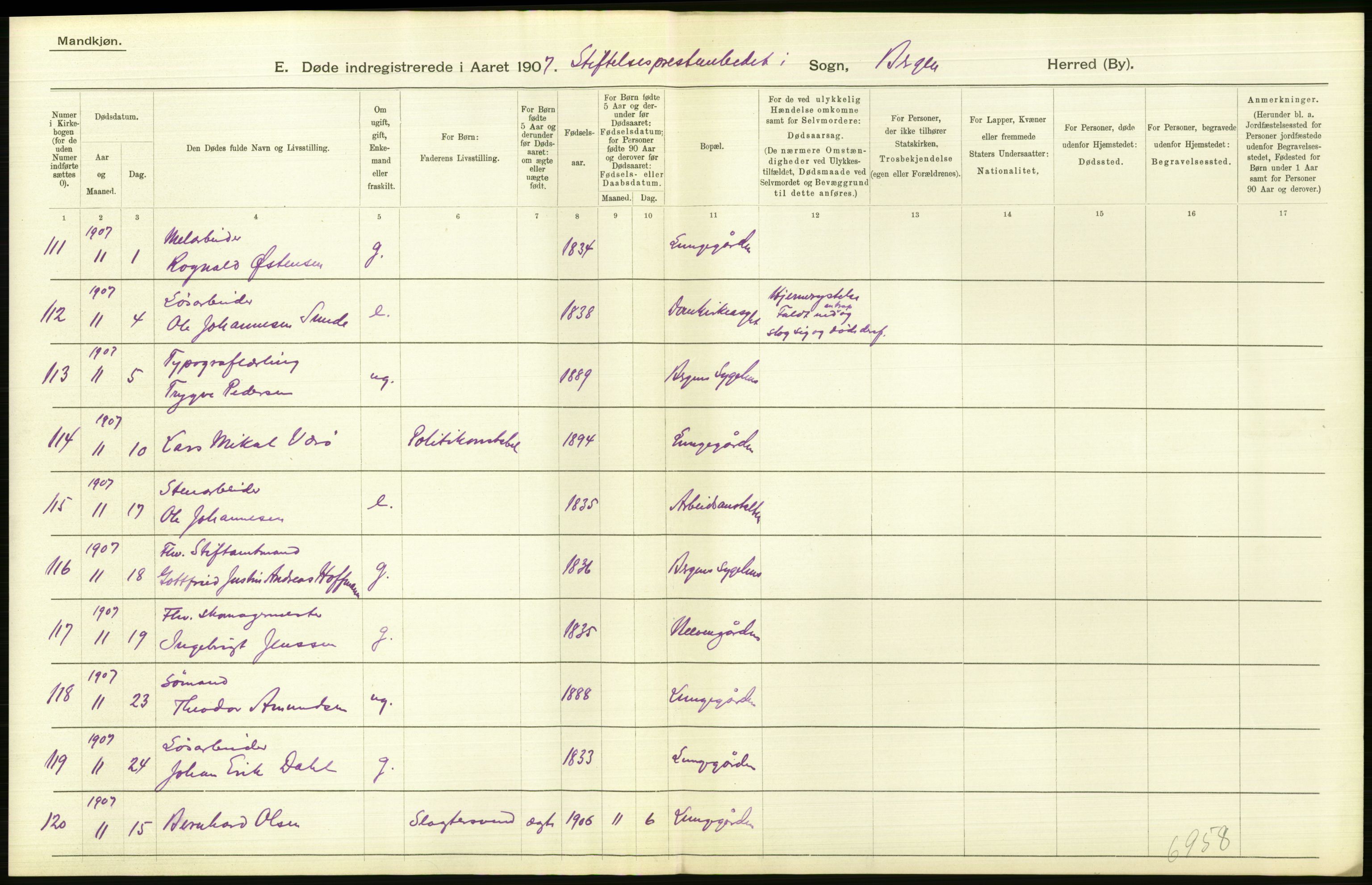 Statistisk sentralbyrå, Sosiodemografiske emner, Befolkning, AV/RA-S-2228/D/Df/Dfa/Dfae/L0031: Bergen: gifte, døde, dødfødte., 1907, s. 414