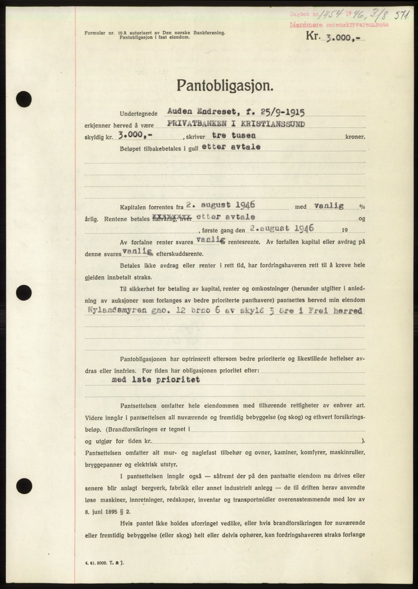 Nordmøre sorenskriveri, SAT/A-4132/1/2/2Ca: Pantebok nr. B94, 1946-1946, Dagboknr: 1454/1946