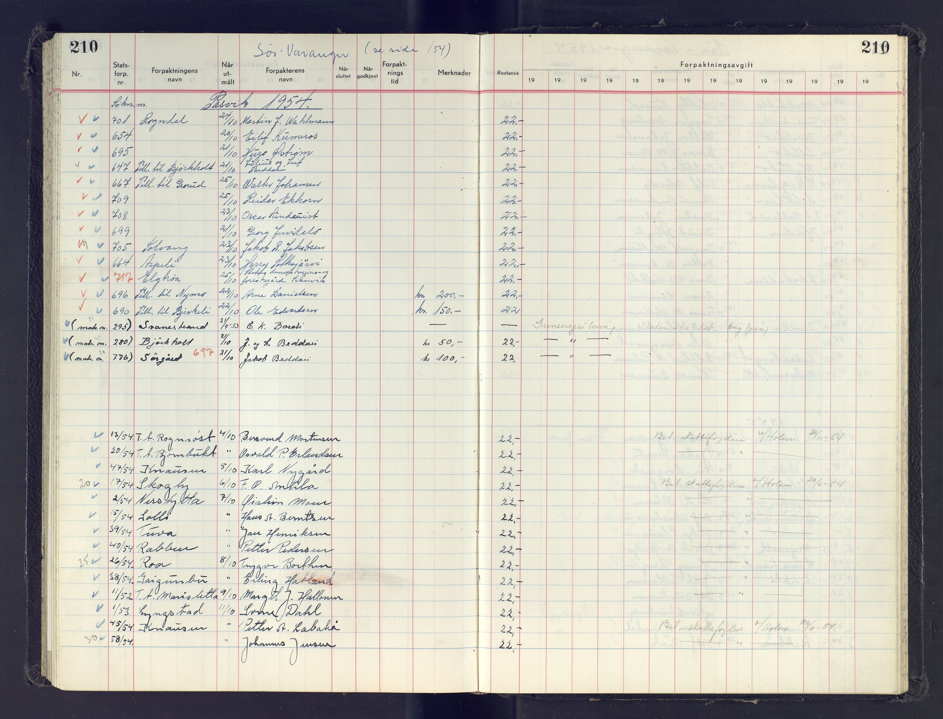 Finnmark jordsalgskommisjon/jordsalgskontor og Statskog SF Finnmark jordsalgskontor, AV/SATØ-S-1443/J/Jb/L0001: Protokoll for salg og forpaktning, 1948-1958, s. 210