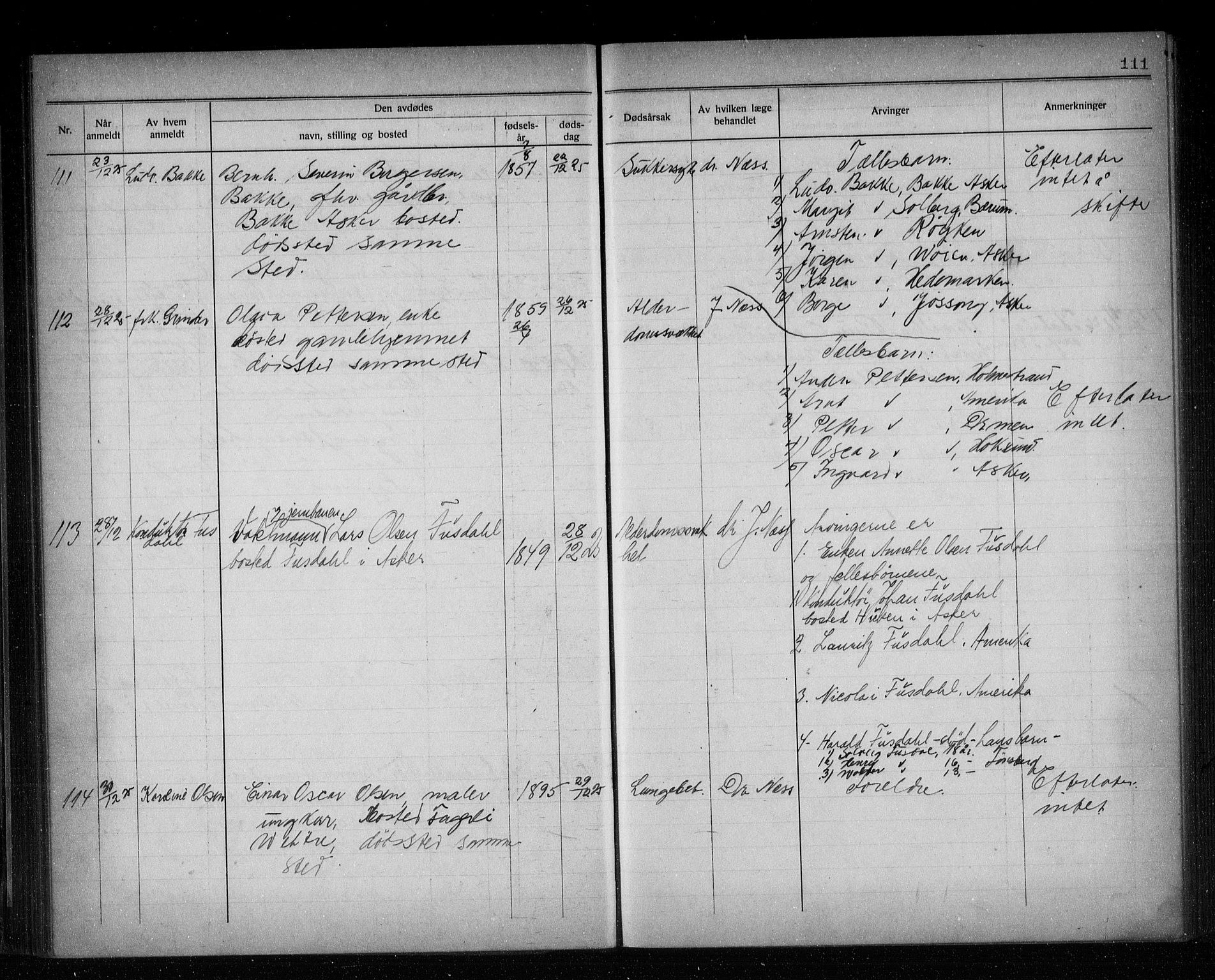 Asker lensmannskontor, AV/SAO-A-10244/H/Ha/Haa/L0002: Dødsanmeldelsesprotokoll, 1920-1933, s. 111