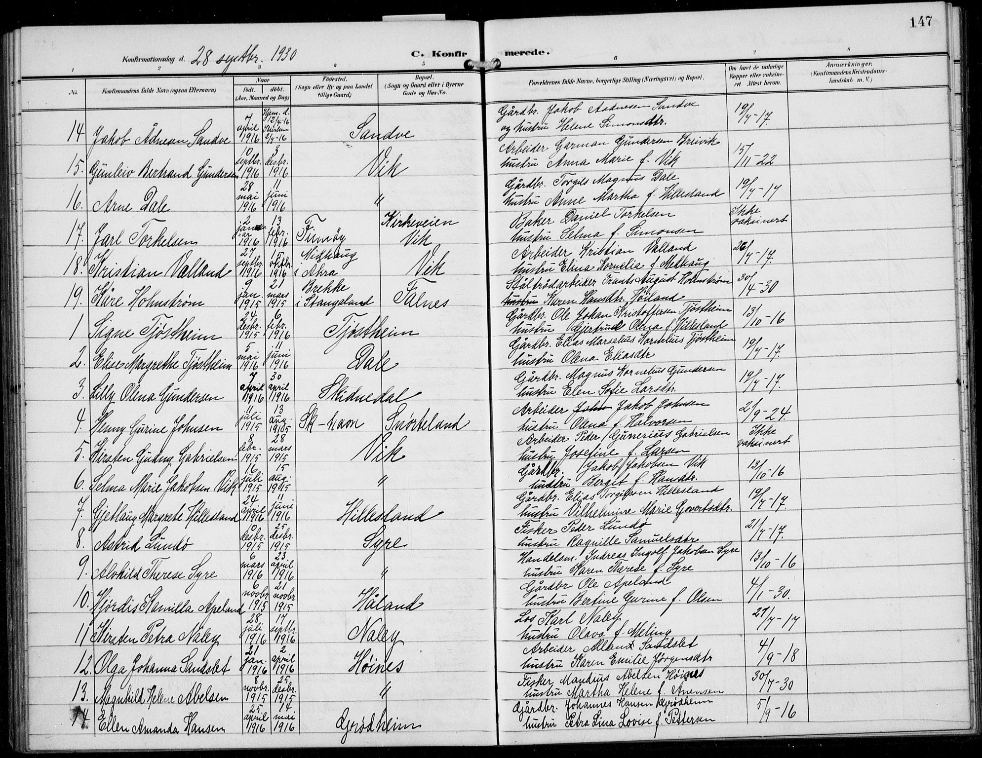 Skudenes sokneprestkontor, AV/SAST-A -101849/H/Ha/Hab/L0009: Klokkerbok nr. B 9, 1908-1936, s. 147