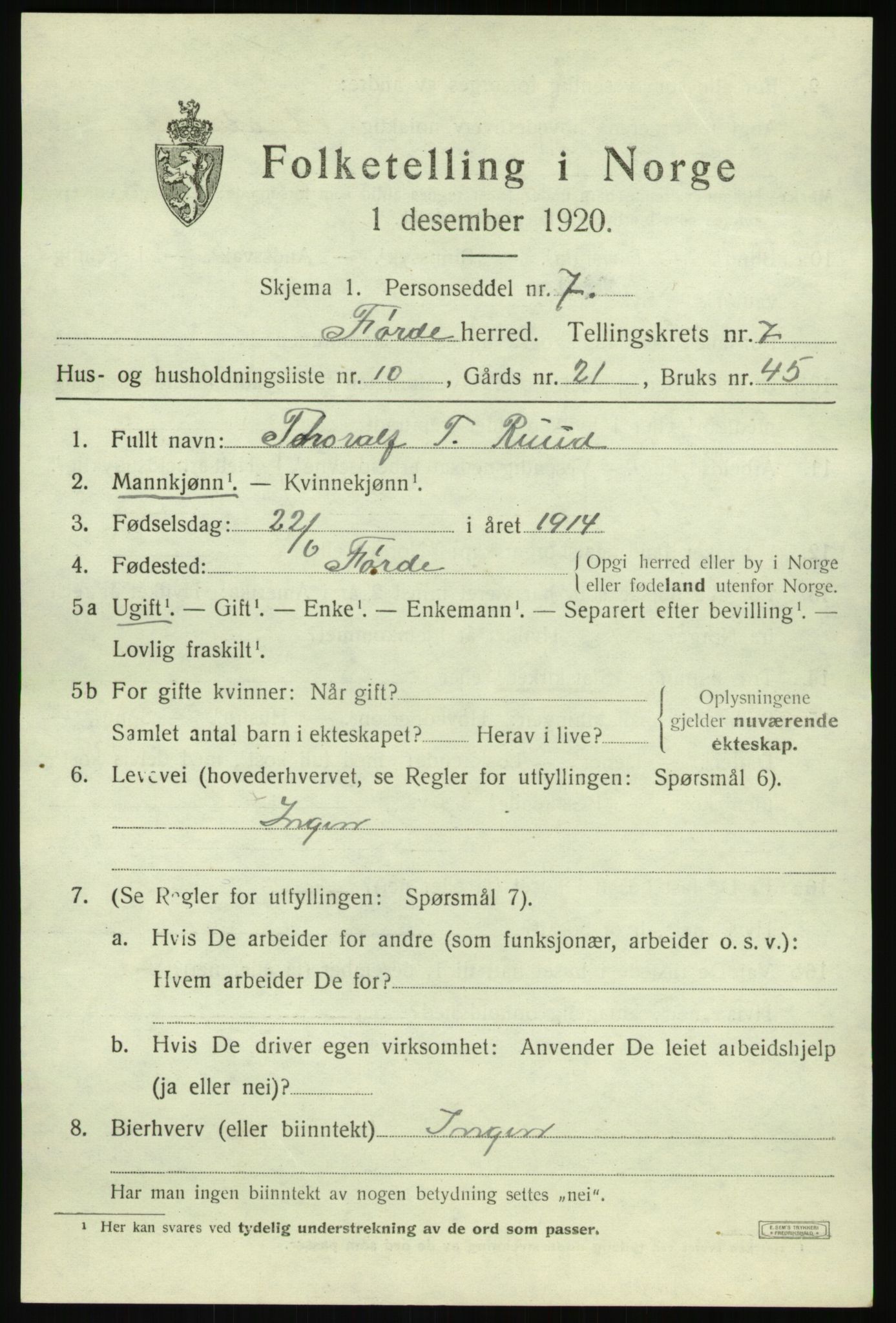 SAB, Folketelling 1920 for 1432 Førde herred, 1920, s. 2516