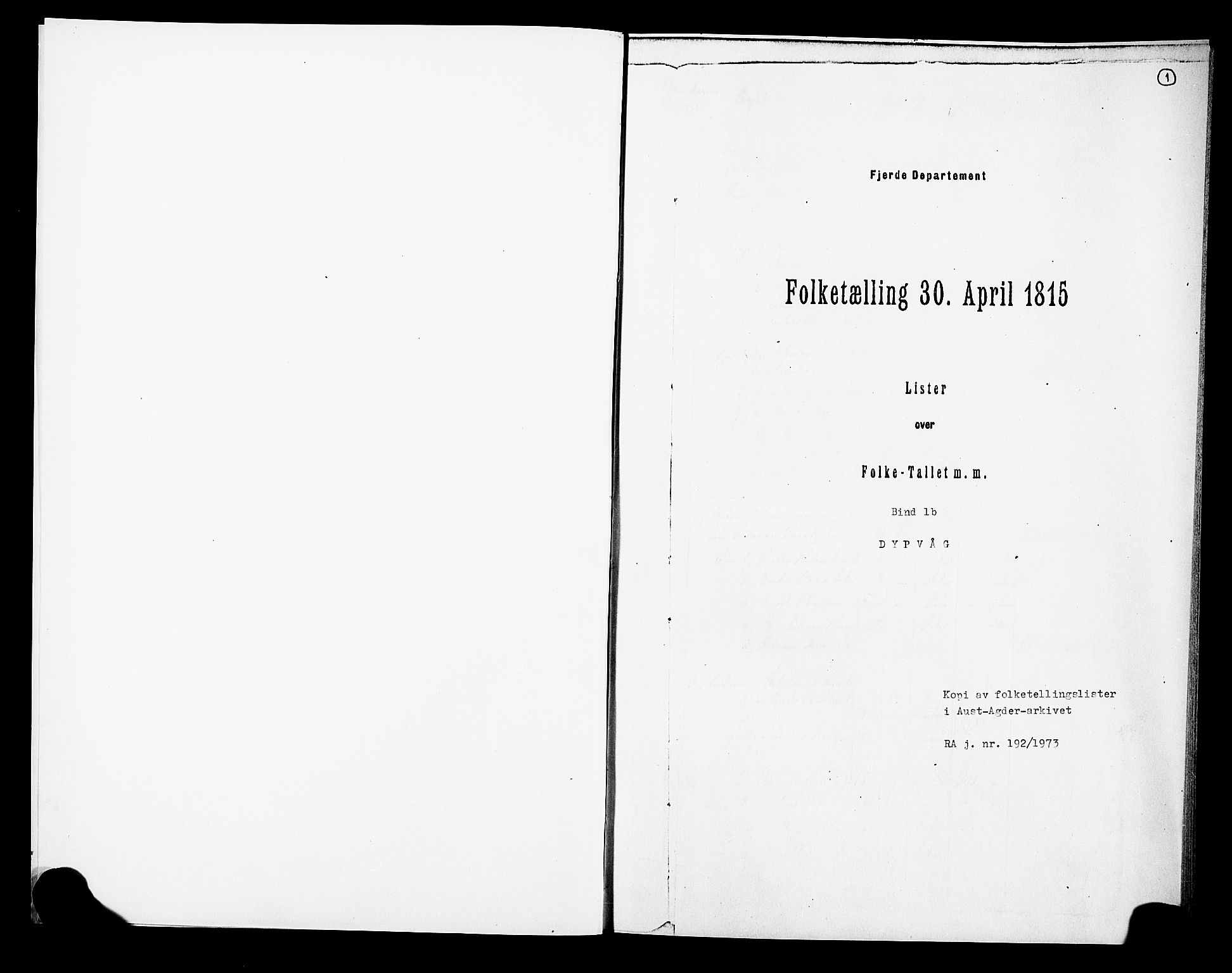 RA, Folketelling 1815 for 0915S1 Dypvåg prestegjeld, Dypvåg sokn, 1815, s. 1