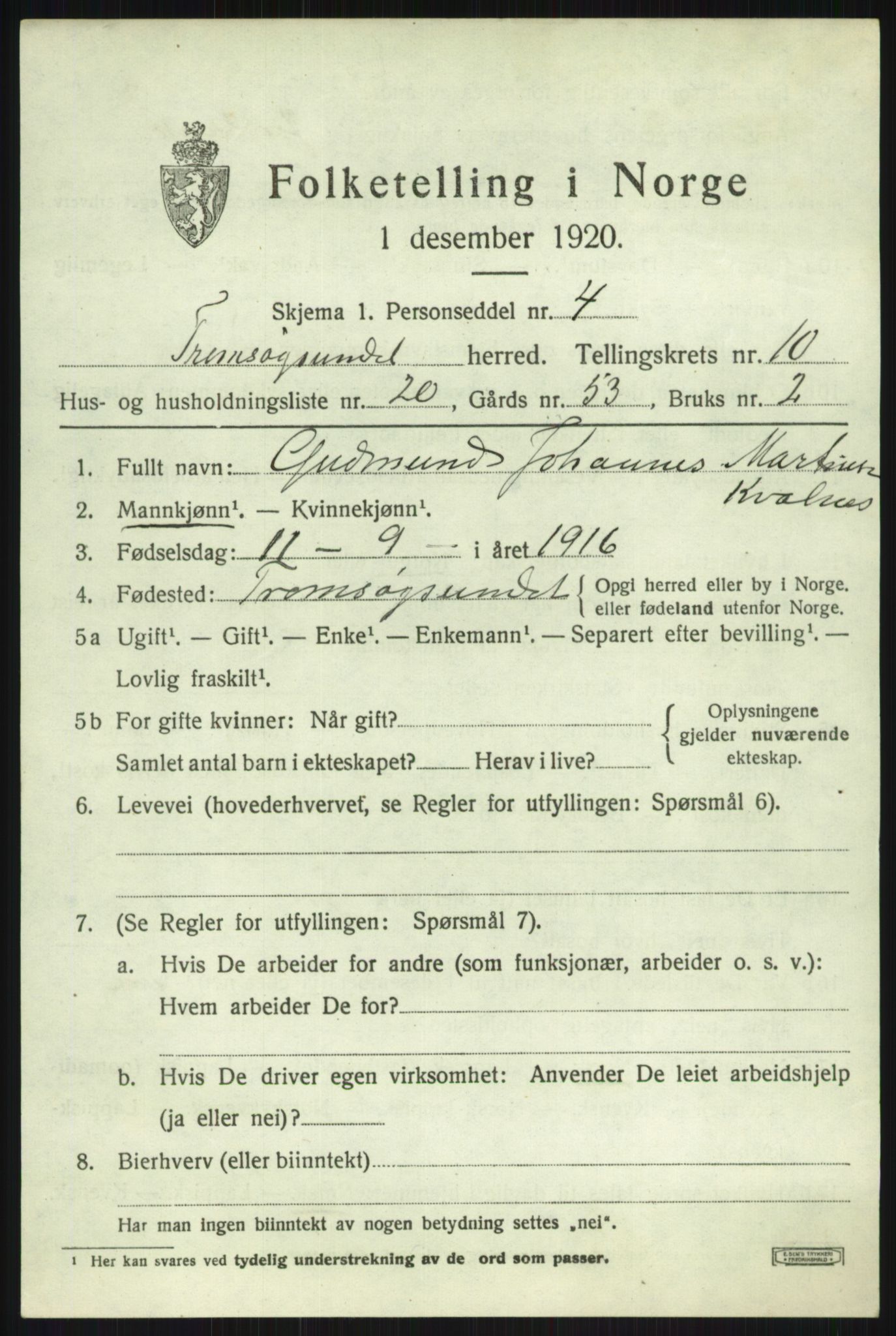SATØ, Folketelling 1920 for 1934 Tromsøysund herred, 1920, s. 7198