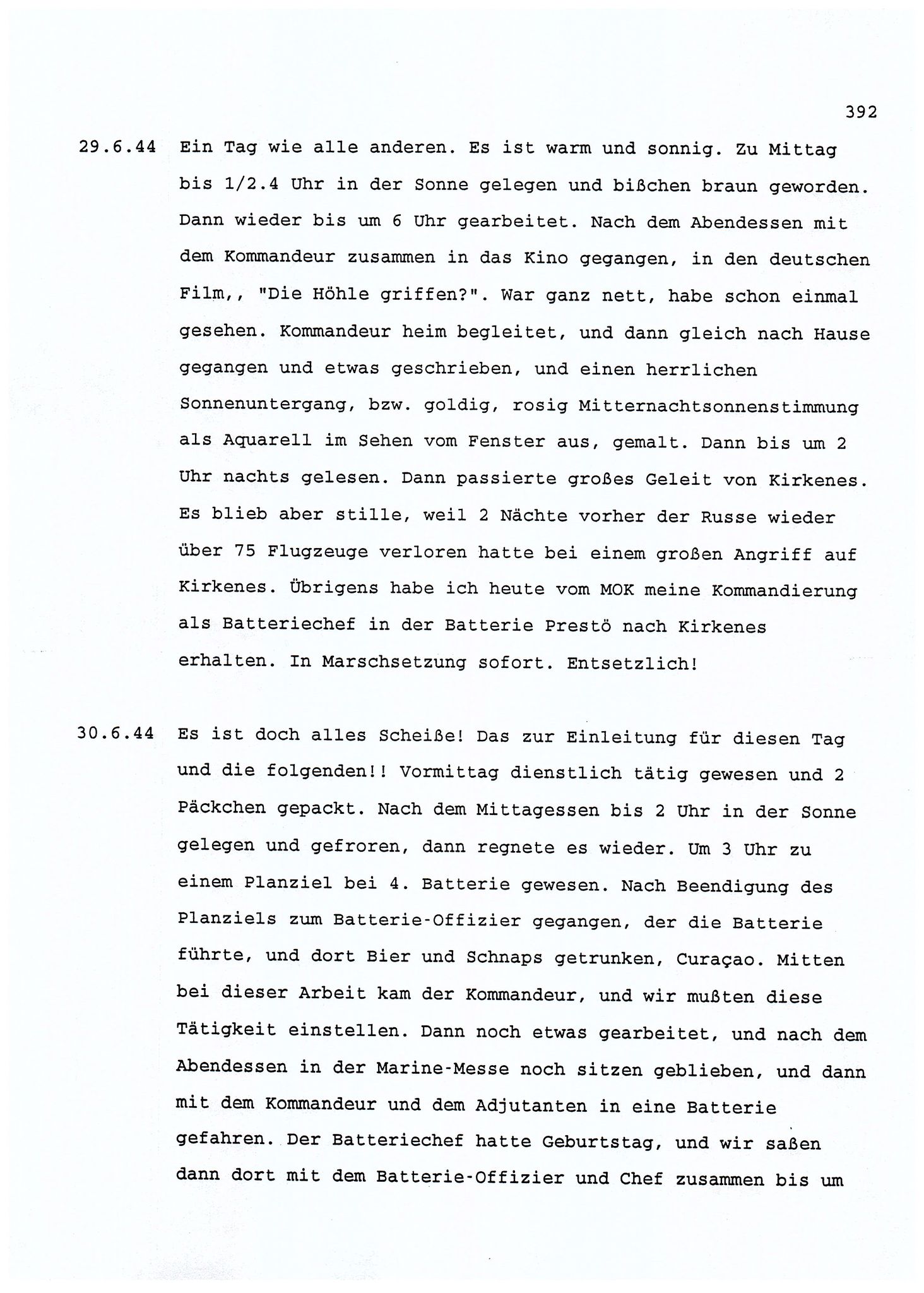 Dagbokopptegnelser av en tysk marineoffiser stasjonert i Norge , FMFB/A-1160/F/L0001: Dagbokopptegnelser av en tysk marineoffiser stasjonert i Norge, 1941-1944, s. 392