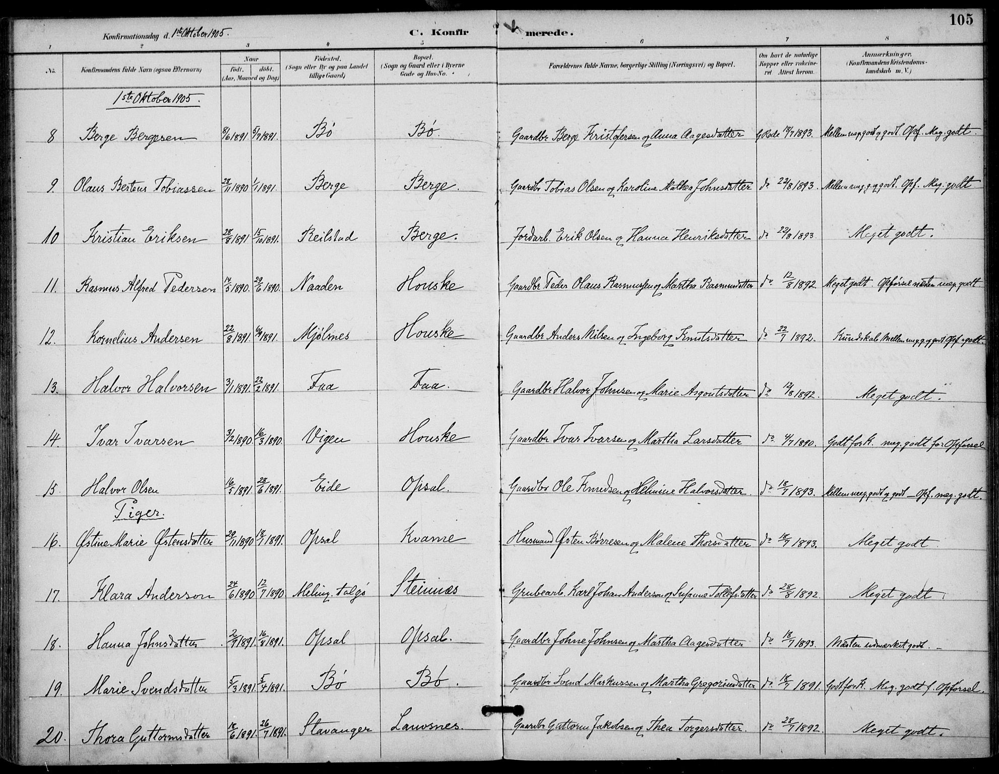 Finnøy sokneprestkontor, AV/SAST-A-101825/H/Ha/Haa/L0011: Ministerialbok nr. A 11, 1891-1910, s. 105