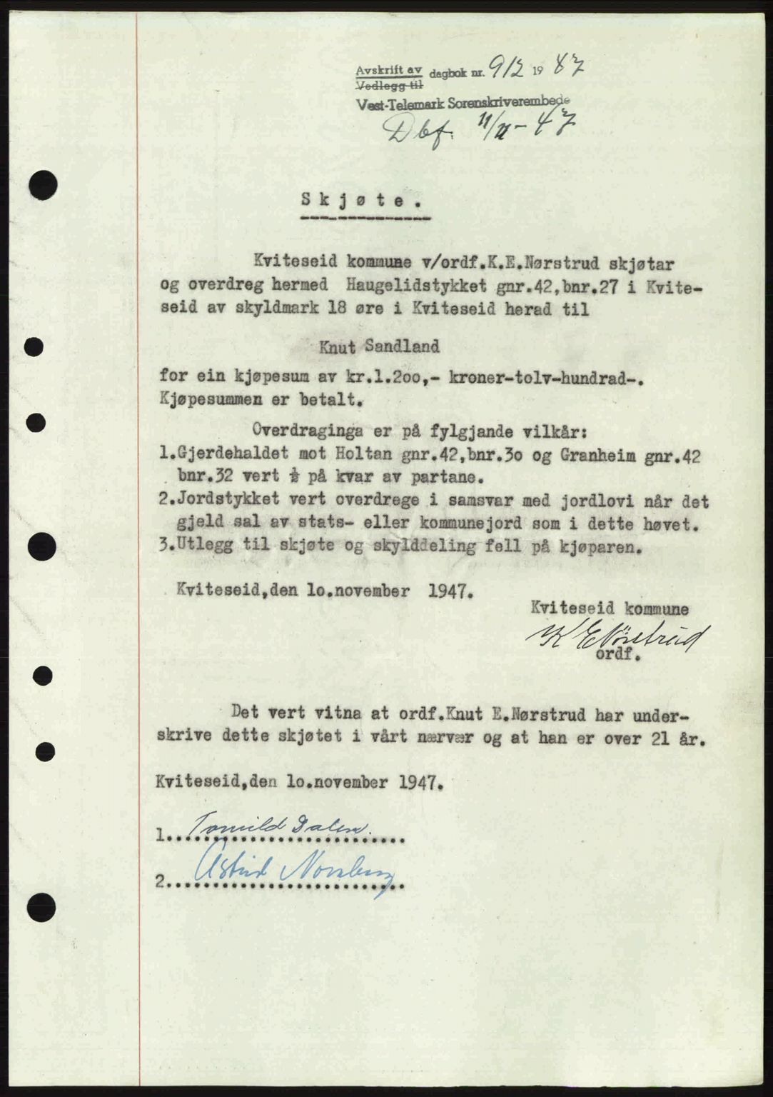 Vest-Telemark sorenskriveri, SAKO/A-134/G/Ga/Gac/L0008: Pantebok nr. A-8, 1947-1948, Dagboknr: 912/1947