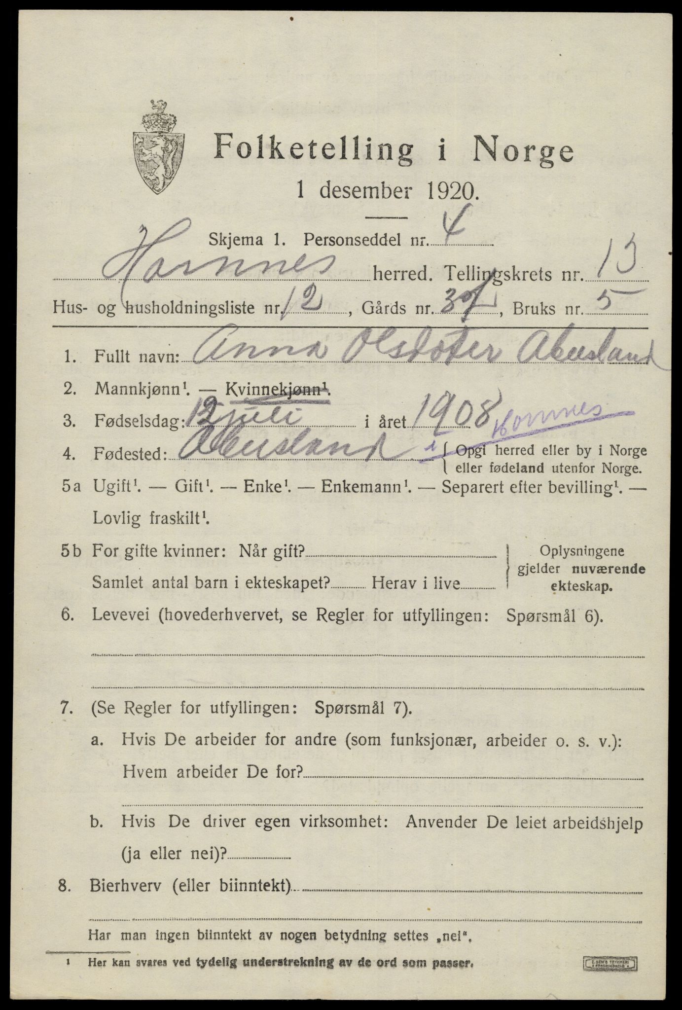 SAK, Folketelling 1920 for 0936 Hornnes herred, 1920, s. 3215