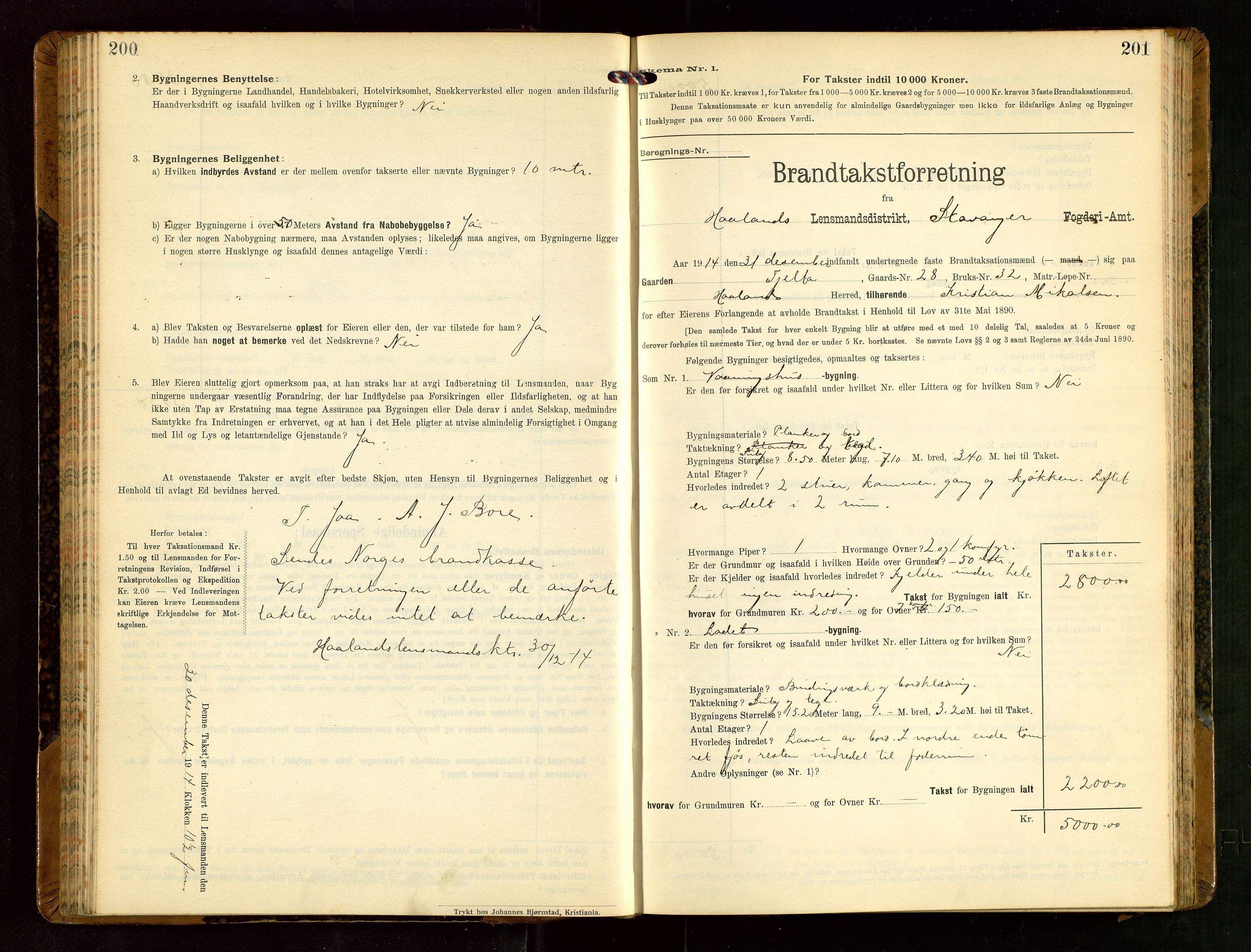 Håland lensmannskontor, AV/SAST-A-100100/Gob/L0004: Branntakstprotokoll - skjematakst. Register i boken., 1913-1915, s. 200-201